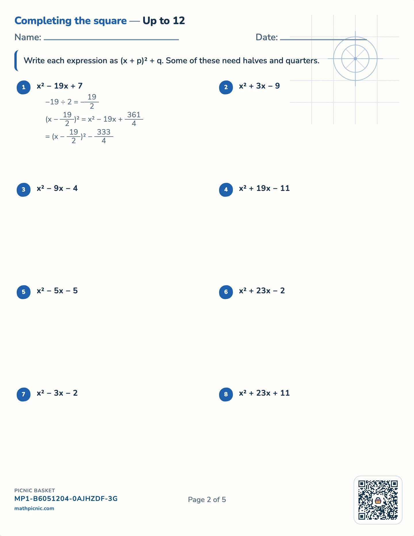 Completing the square pack — Halves and quarters worksheet