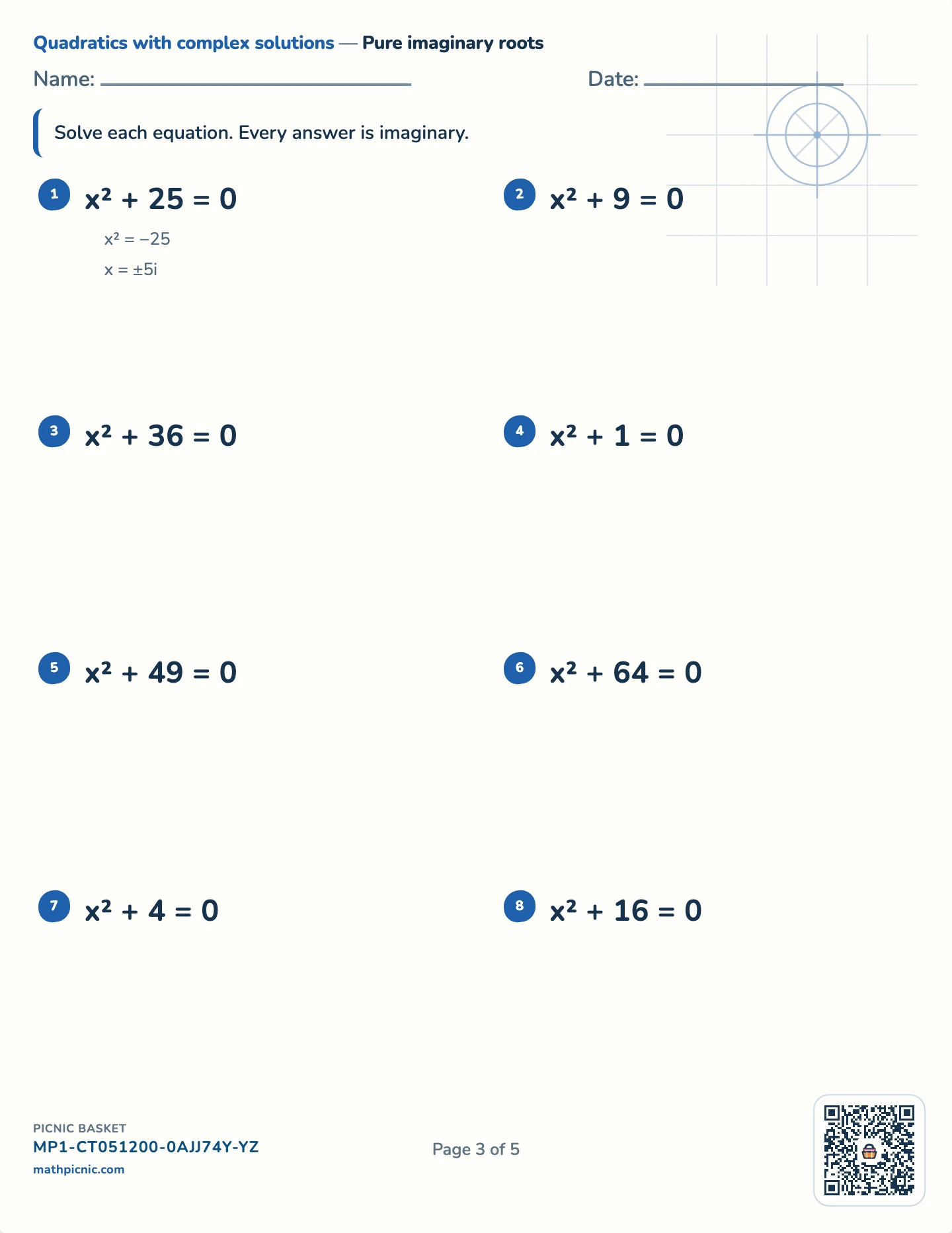 Completing the square pack — Pure imaginary roots worksheet