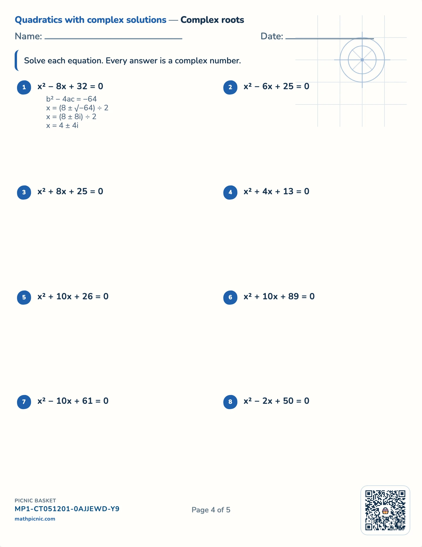 Completing the square pack — Complex pairs worksheet