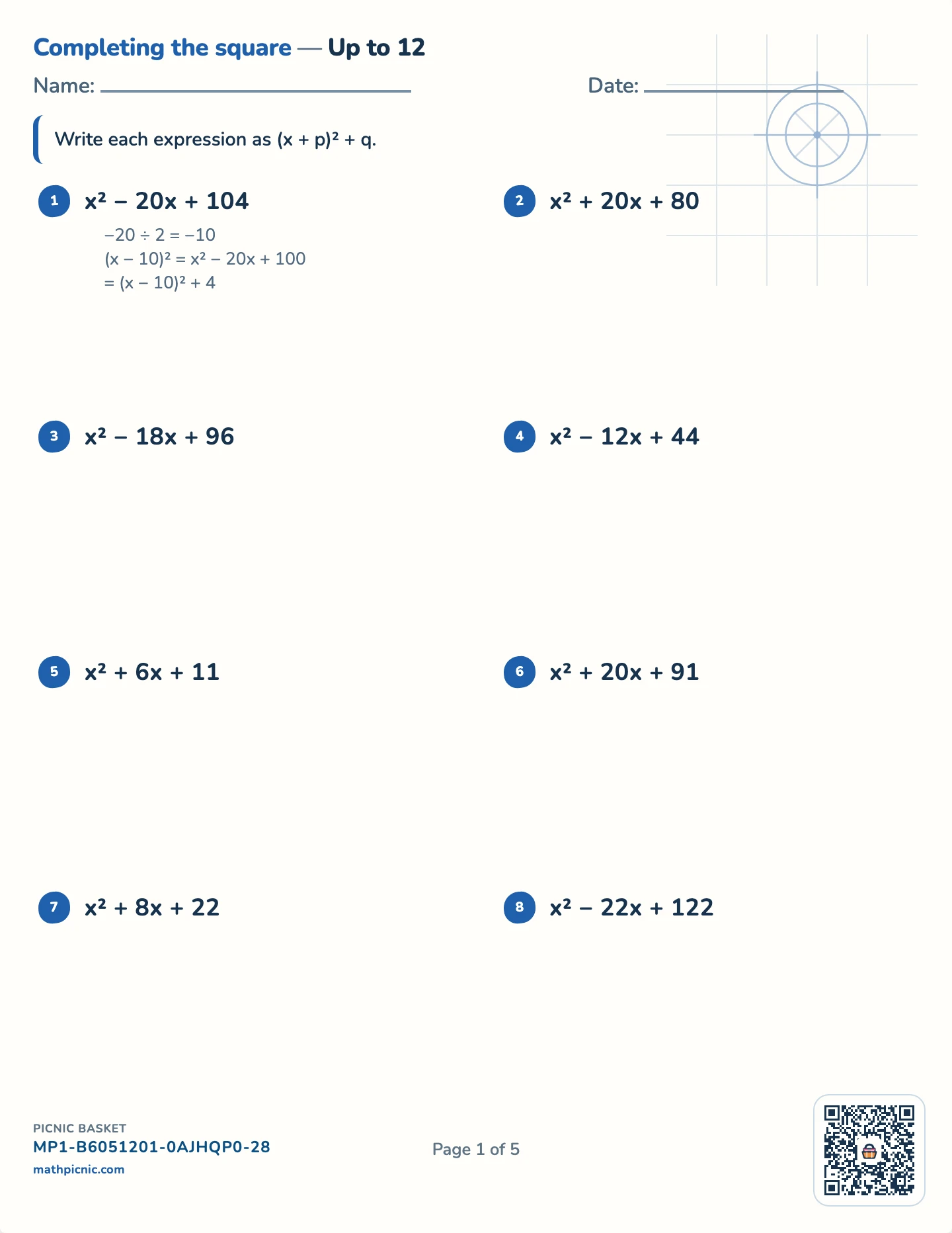 Completing the square pack — Completing the square worksheet