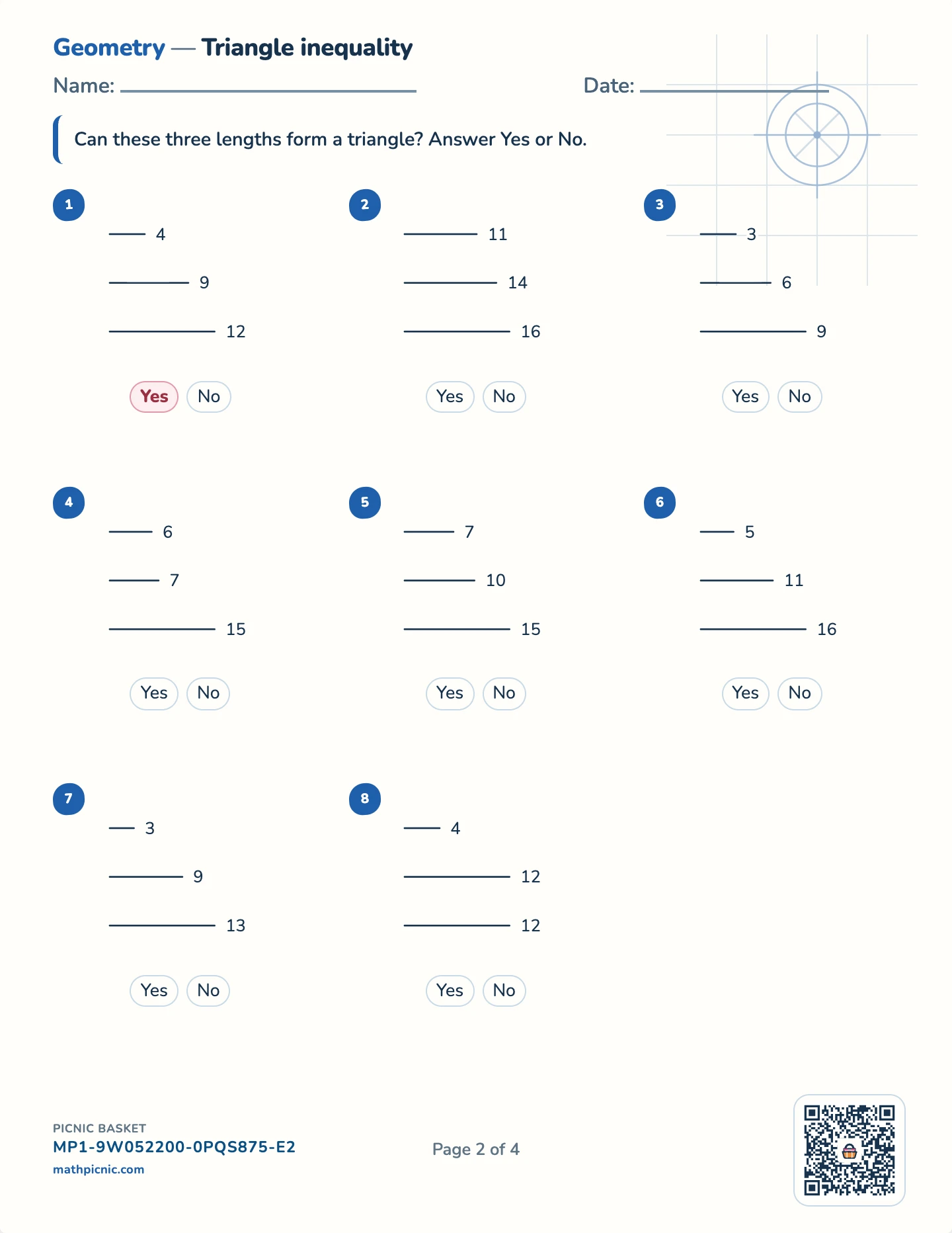 Congruence, inequality and midsegments pack — Triangle inequality worksheet