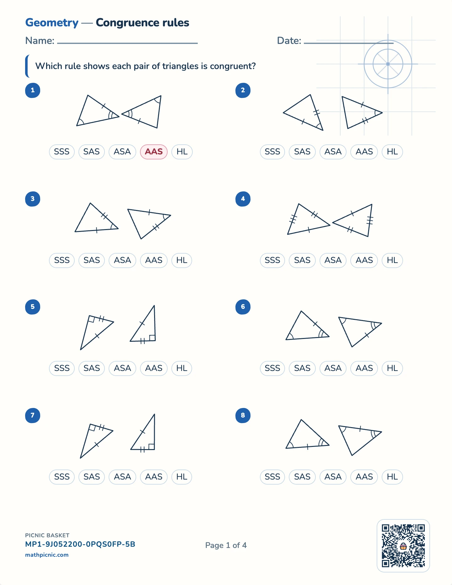 Congruence, inequality and midsegments pack — Congruence rules worksheet