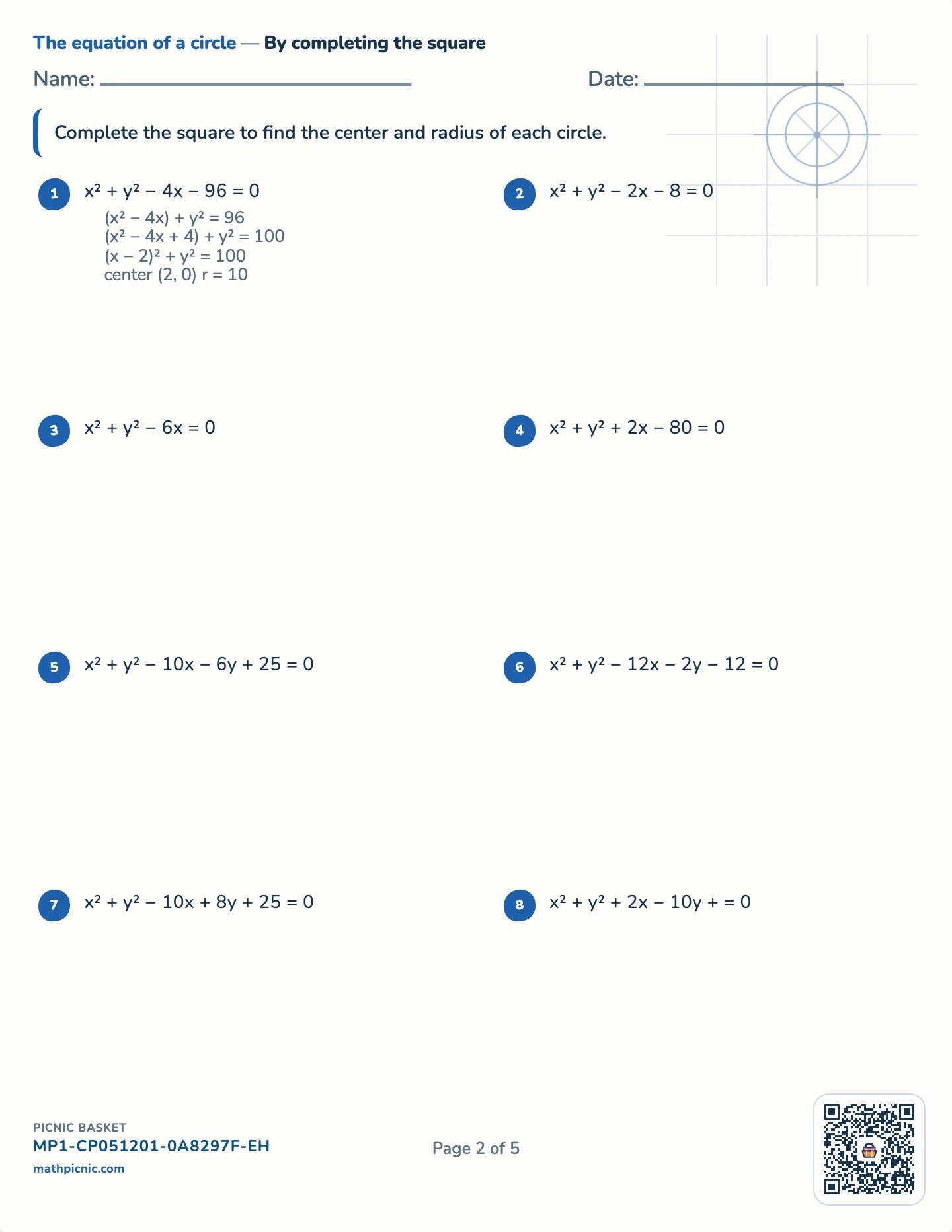 Circles and parabolas pack — Circles in general form worksheet