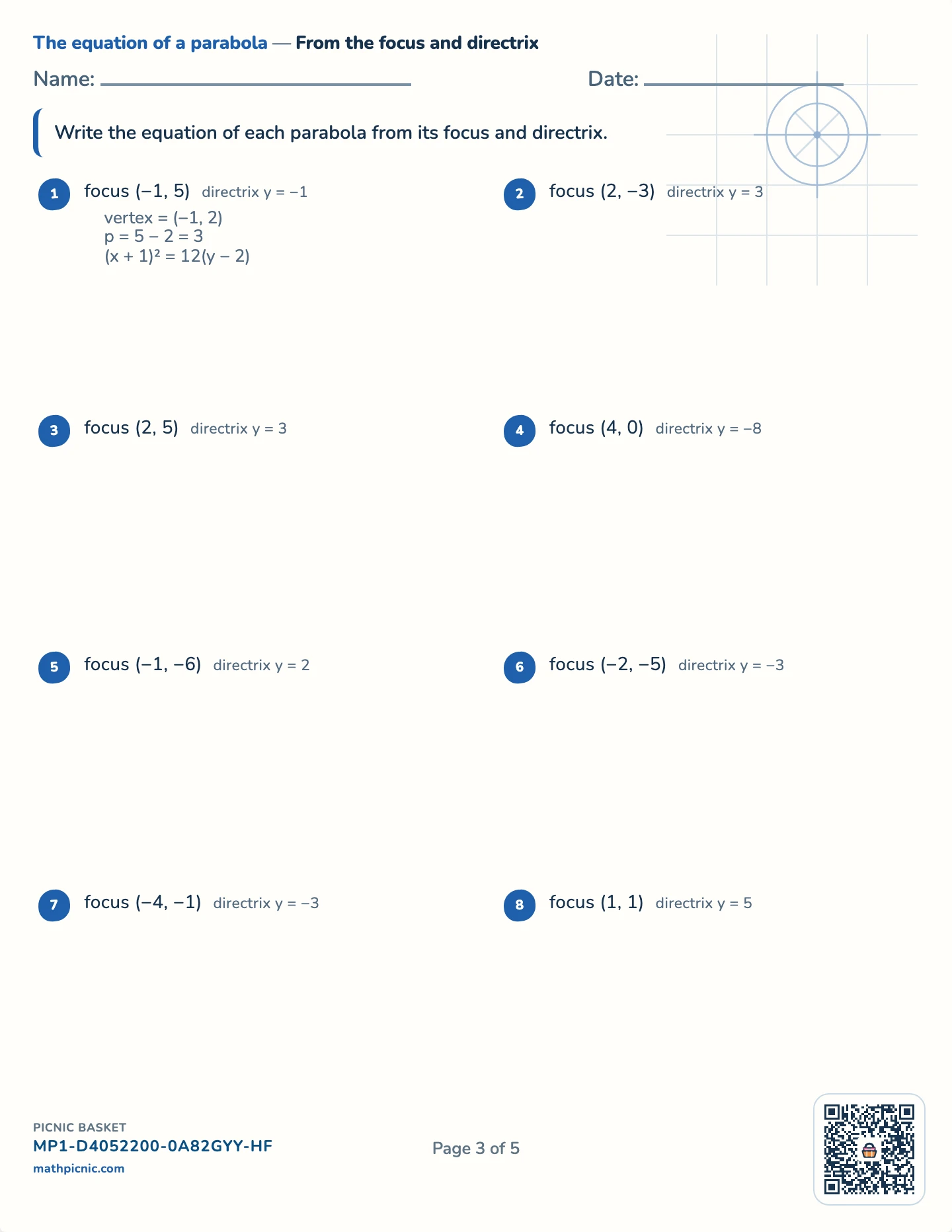 Circles and parabolas pack — Write the parabola worksheet