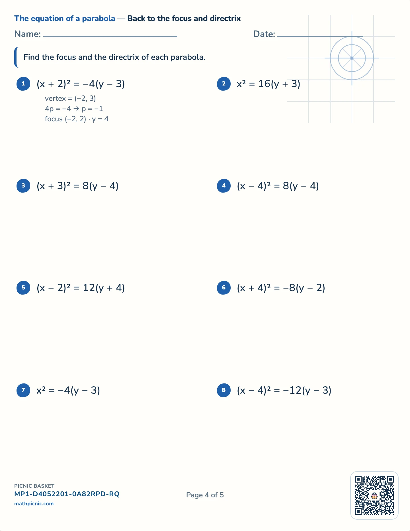Circles and parabolas pack — Read the focus and directrix worksheet