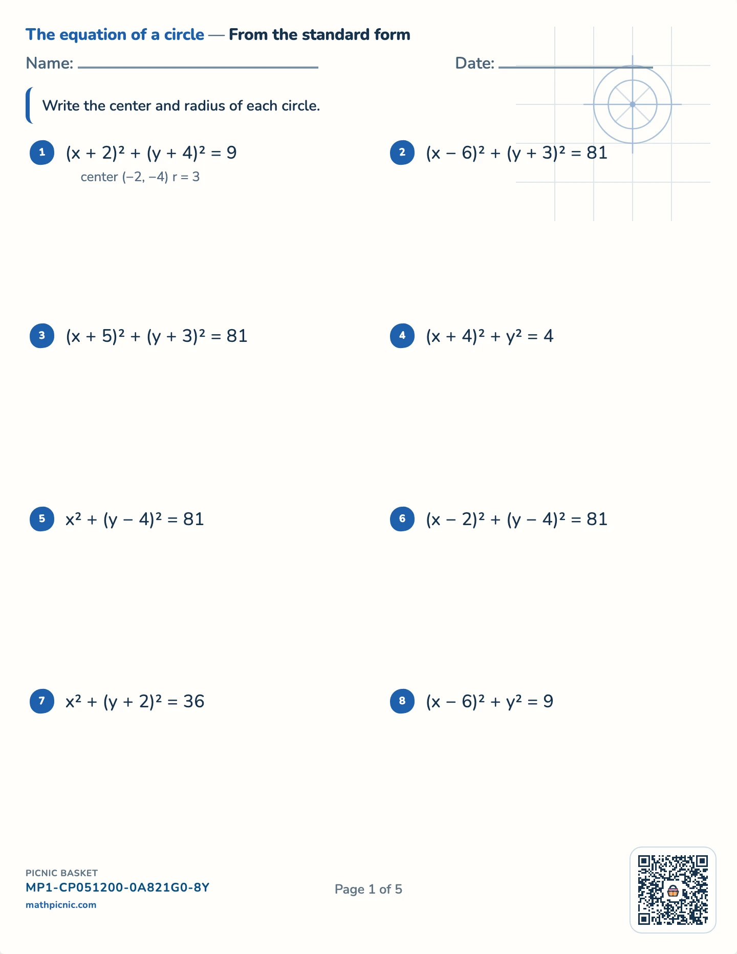 Circles and parabolas pack — Circles in standard form worksheet