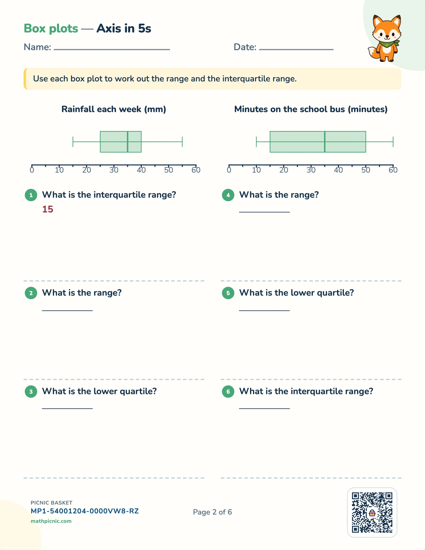 Box plots, histograms and two-way tables pack — Range and IQR worksheet