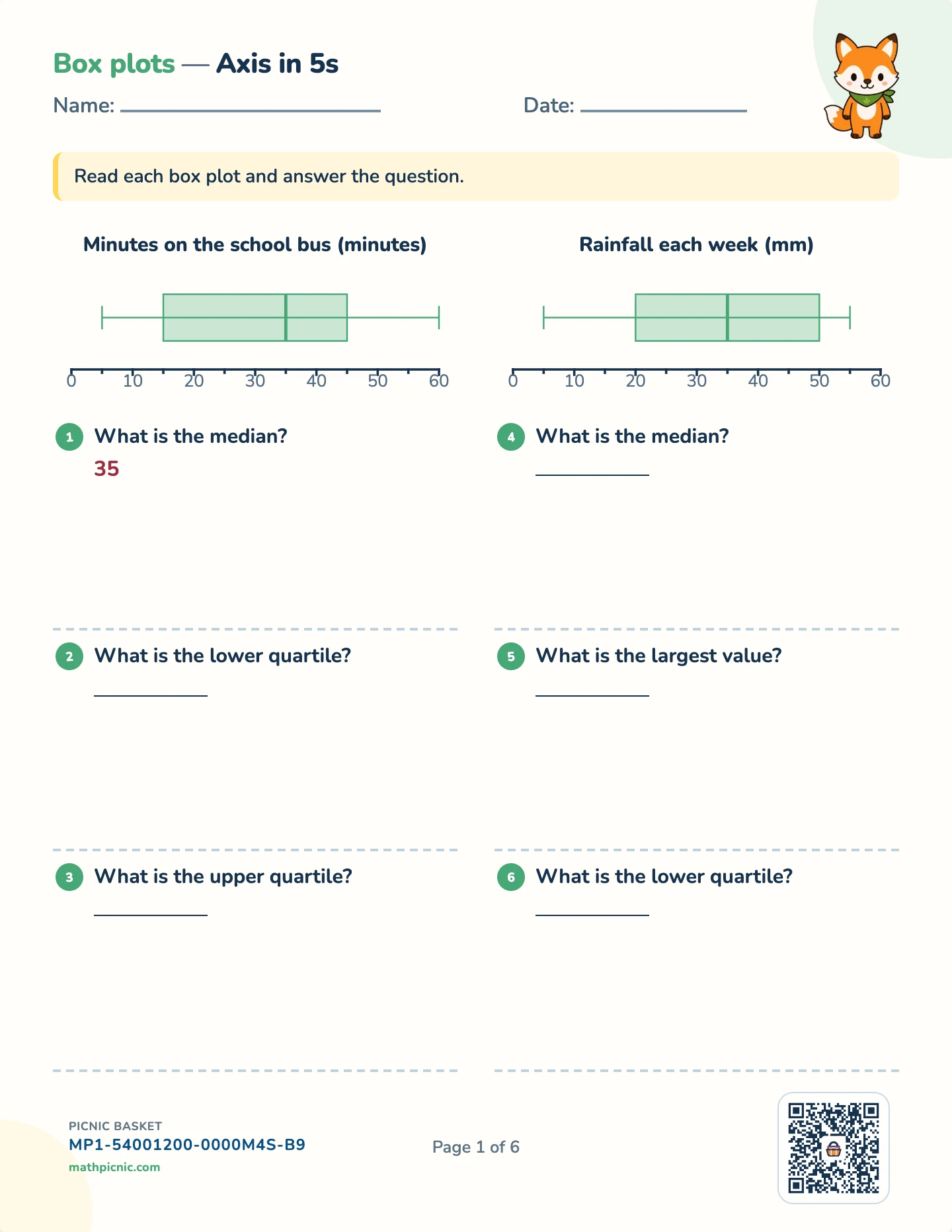 Box plots, histograms and two-way tables pack — Read a box plot worksheet