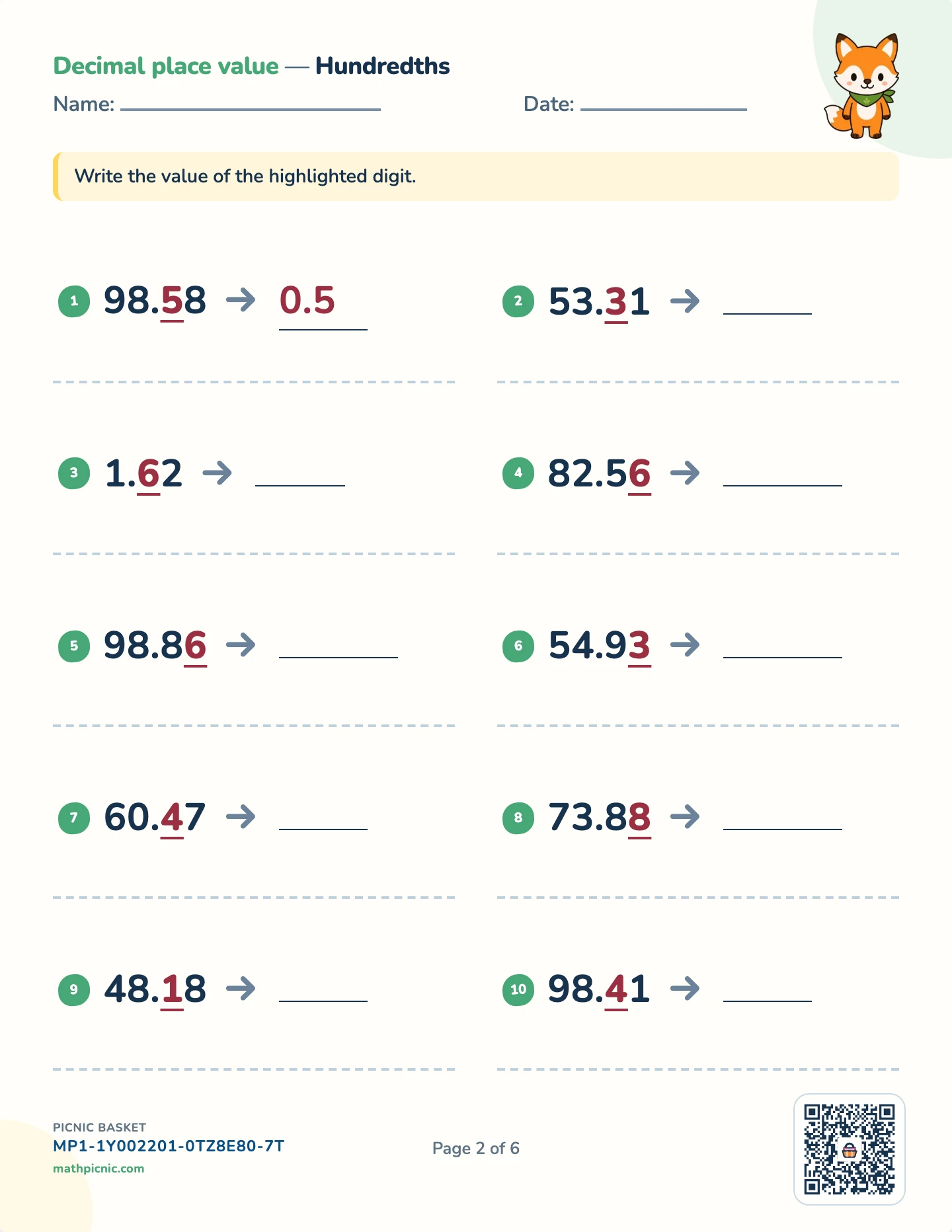 Decimals pack — Value of a digit worksheet