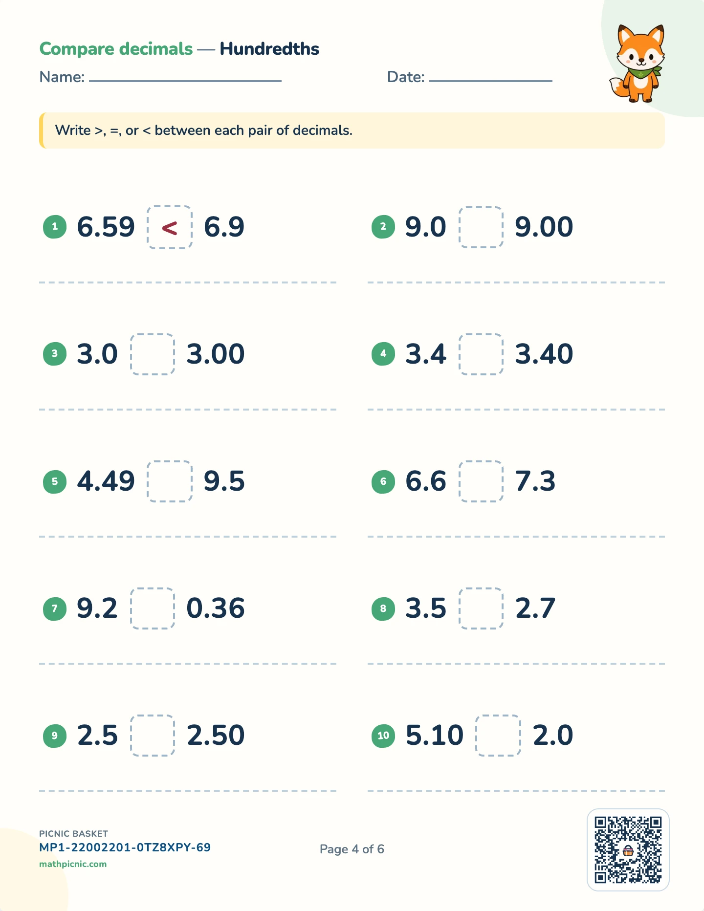Decimals pack — Compare decimals worksheet