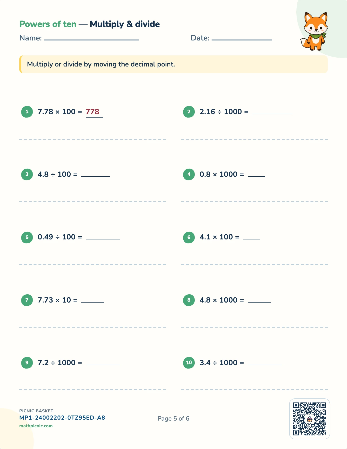 Decimals pack — Powers of ten worksheet