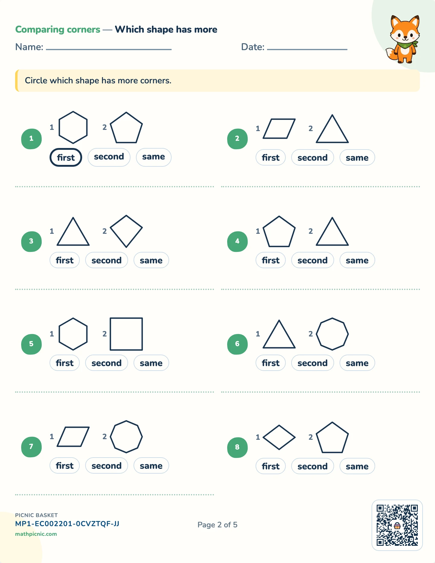 Shapes and where they are pack — Which has more corners worksheet
