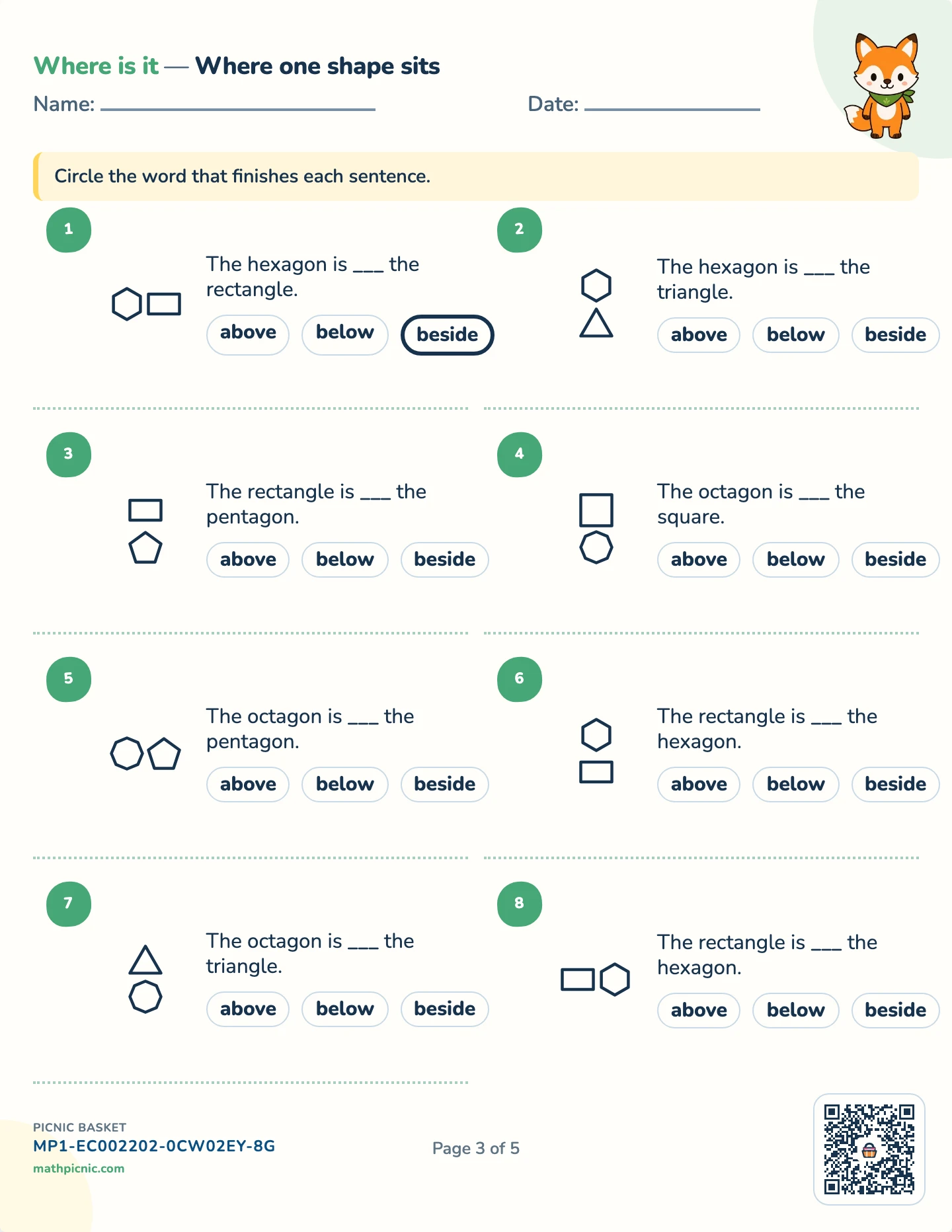 Shapes and where they are pack — Above, below or beside worksheet