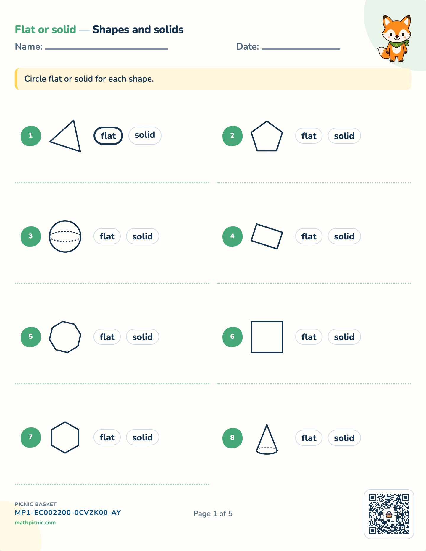Shapes and where they are pack — Flat or solid worksheet