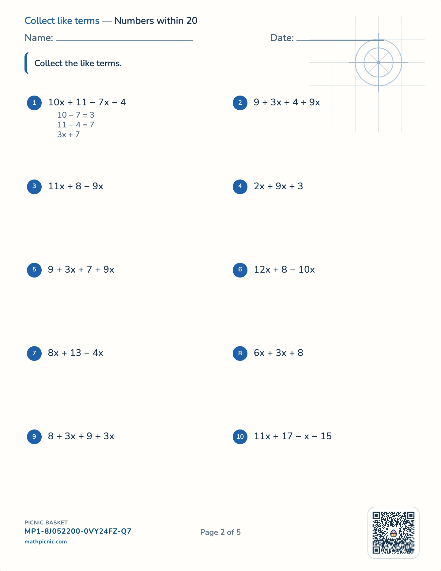 Algebraic expressions pack — Like terms worksheet