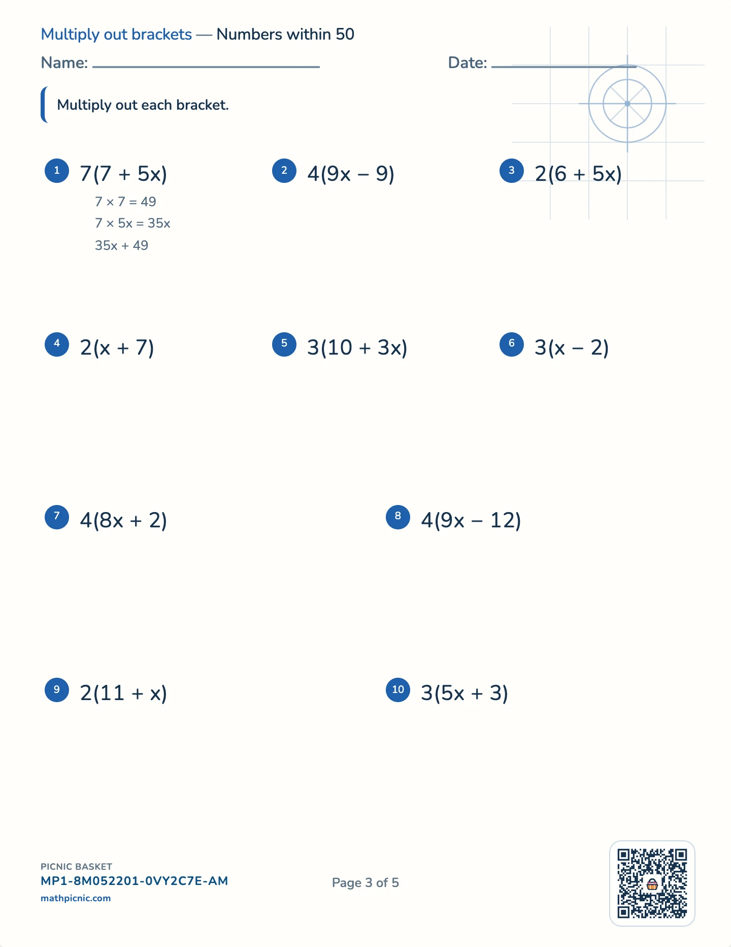 Algebraic expressions pack — Brackets worksheet