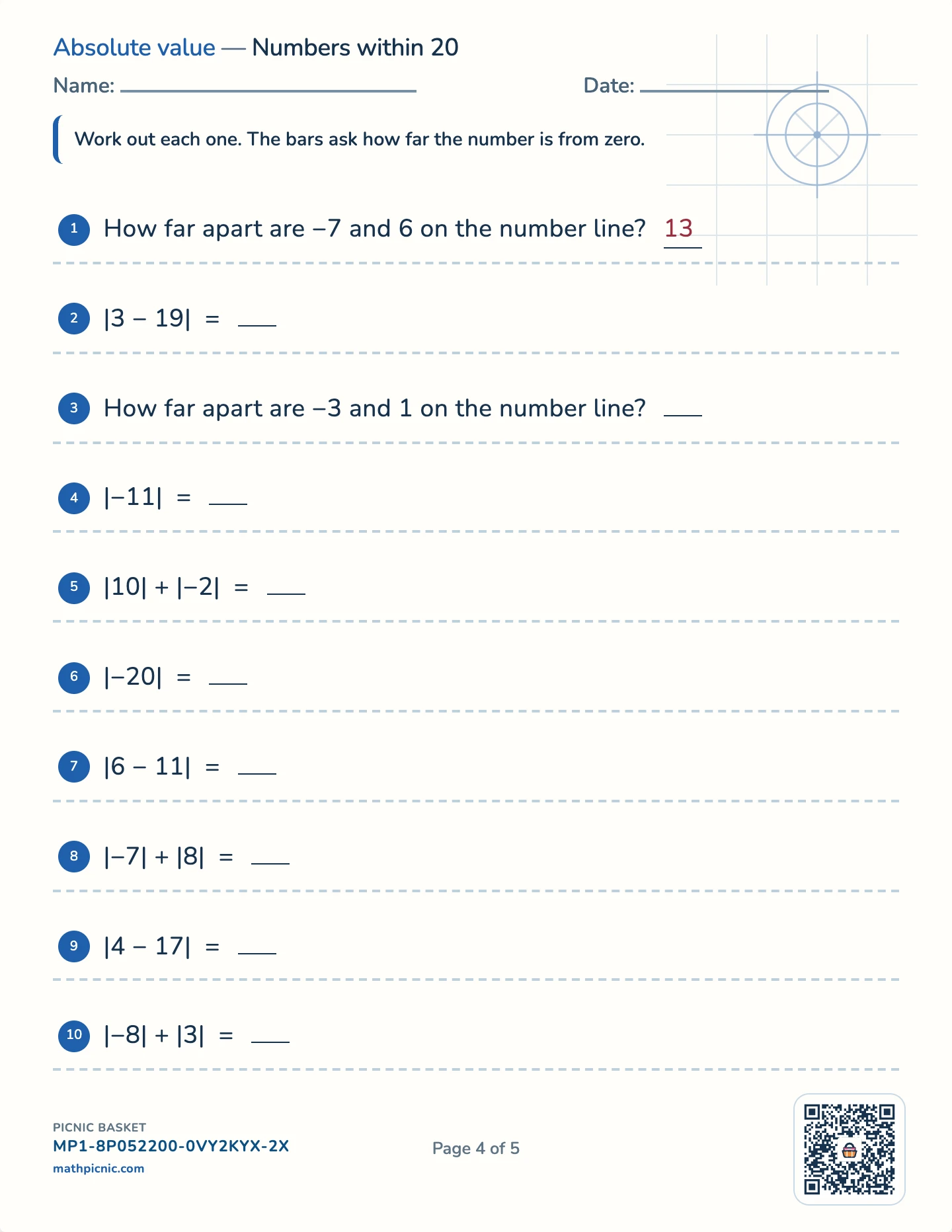 Algebraic expressions pack — Absolute value worksheet