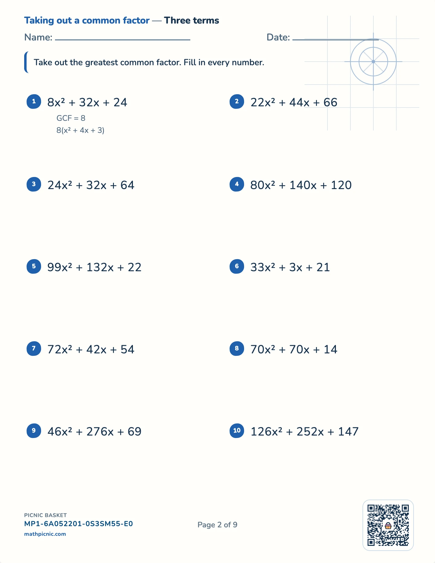 Factoring pack — Common factor: three terms worksheet