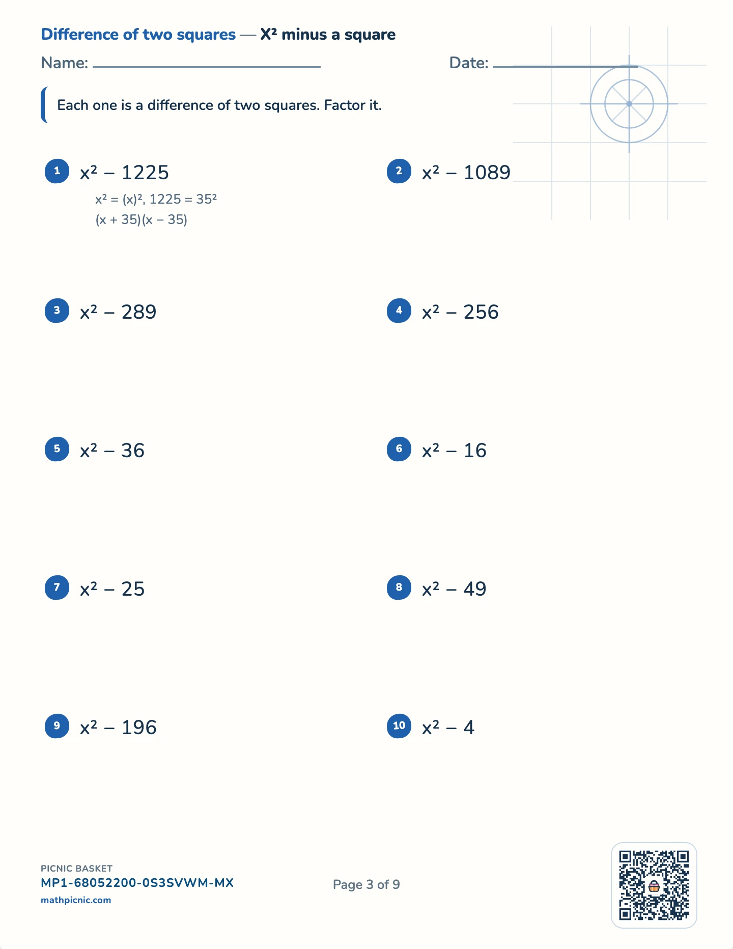 Factoring pack — Difference of squares worksheet