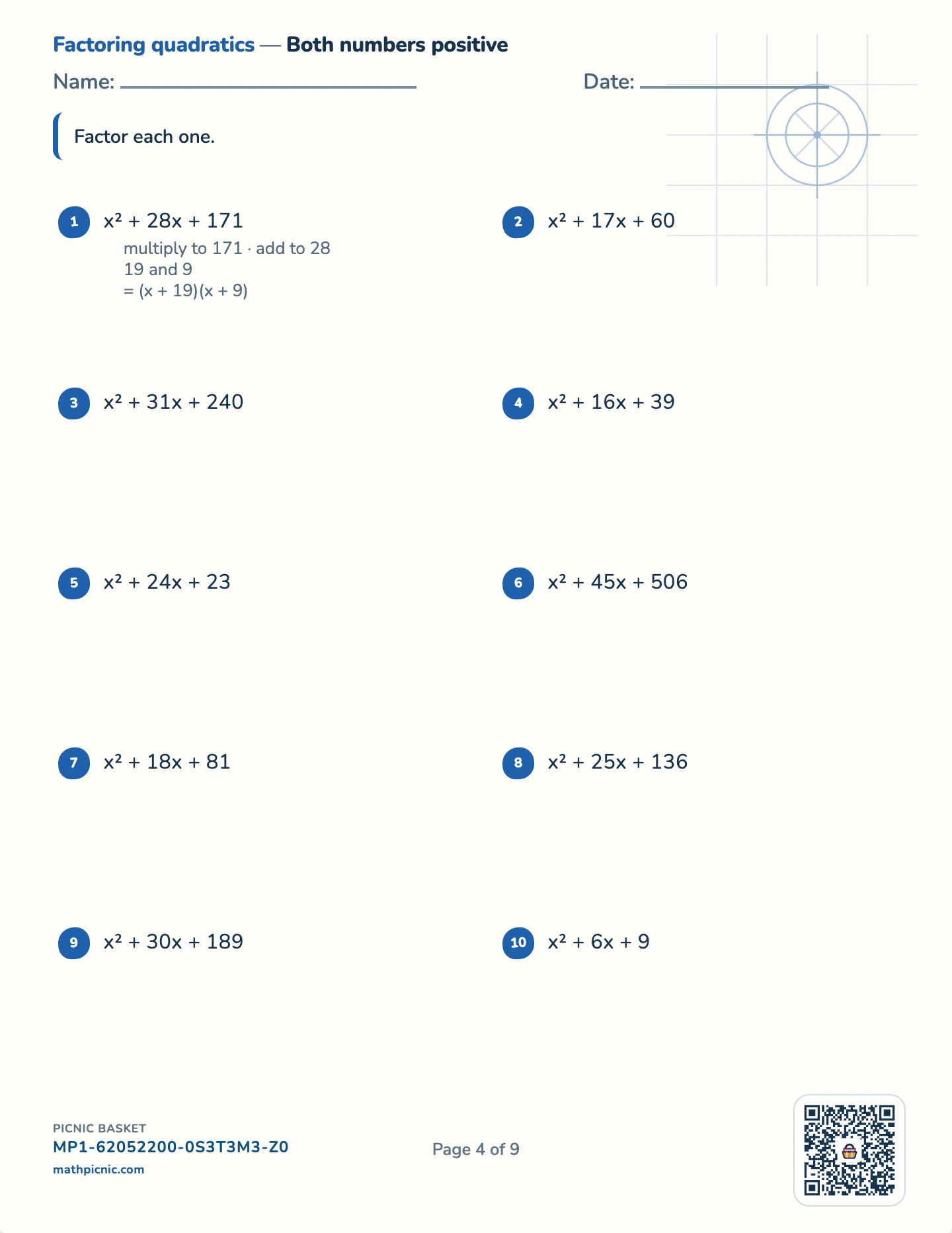 Factoring pack — Quadratics: both positive worksheet