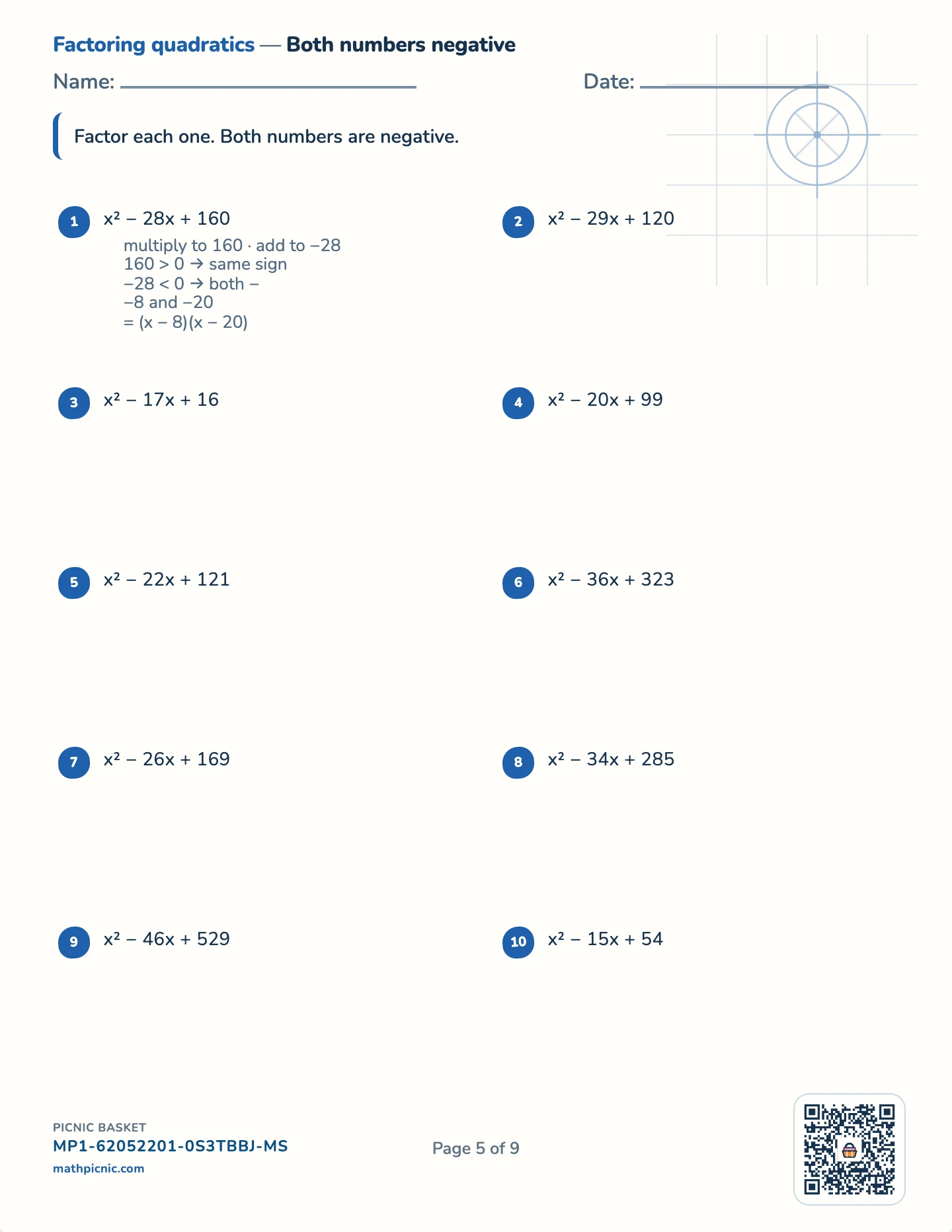 Factoring pack — Quadratics: both negative worksheet