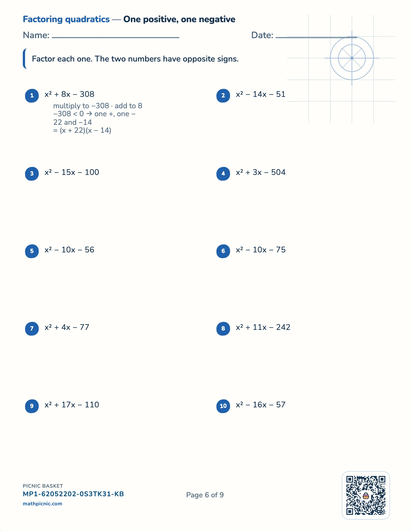 Factoring pack — Quadratics: opposite signs worksheet