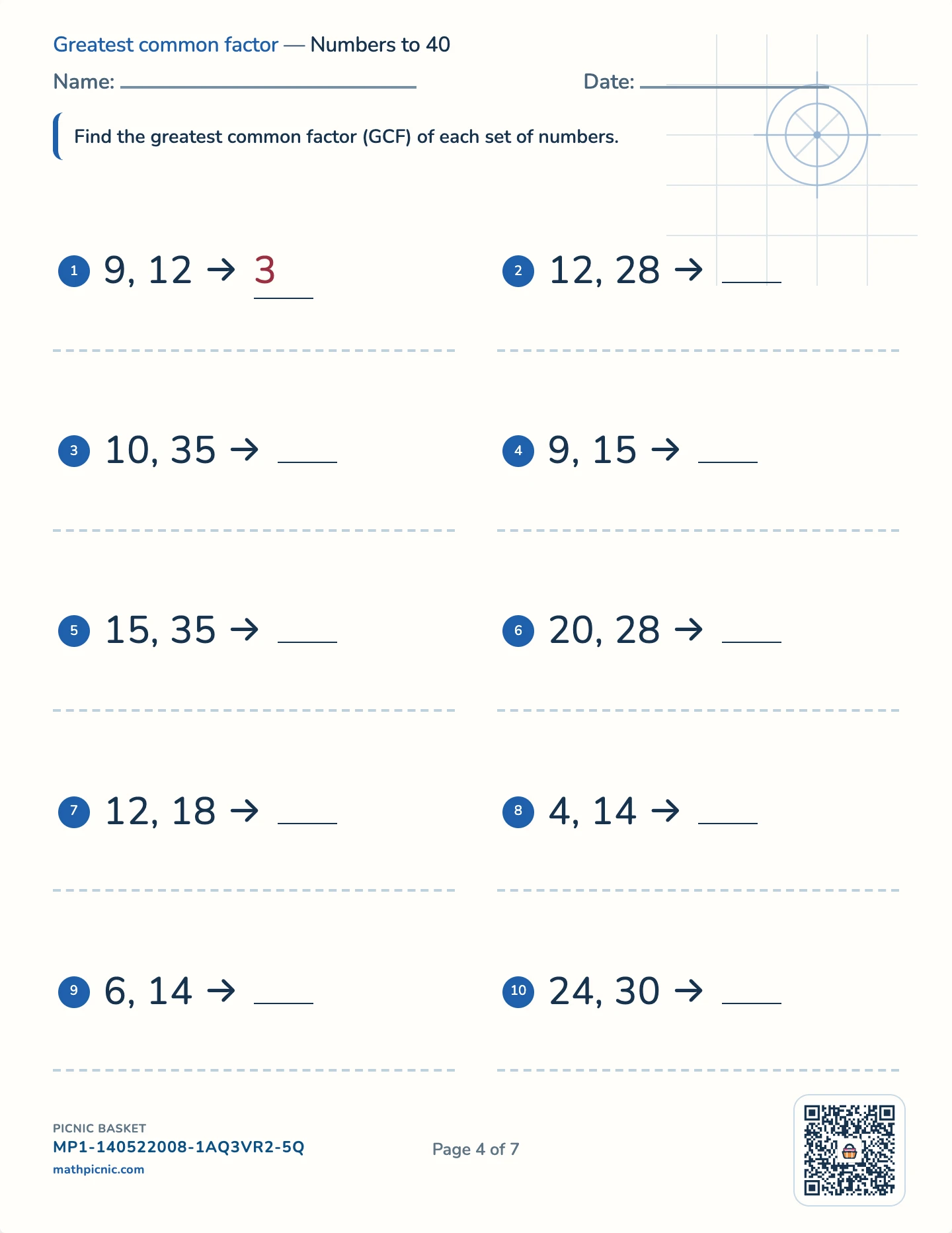 Factors and multiples pack — Greatest common factor worksheet