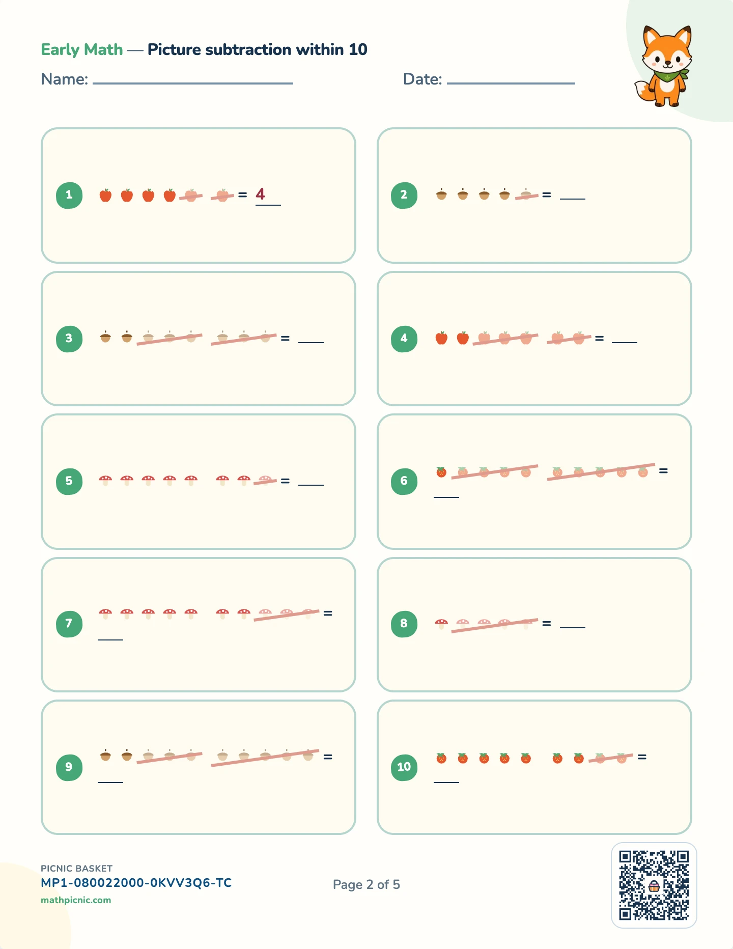 First adding and subtracting pack — Picture subtract worksheet