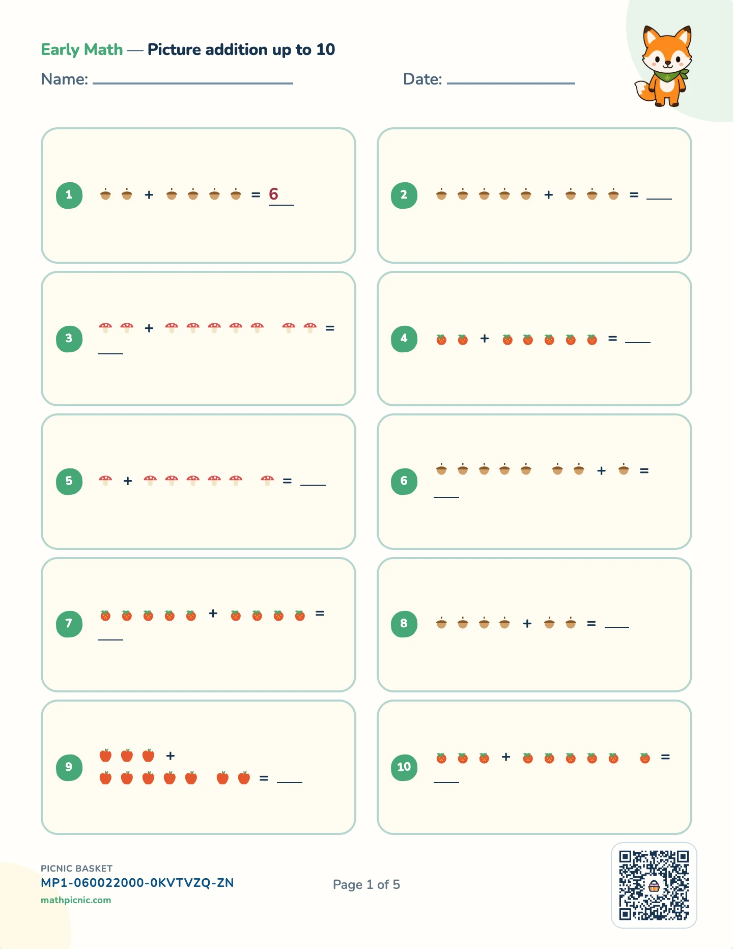First adding and subtracting pack — Picture add worksheet