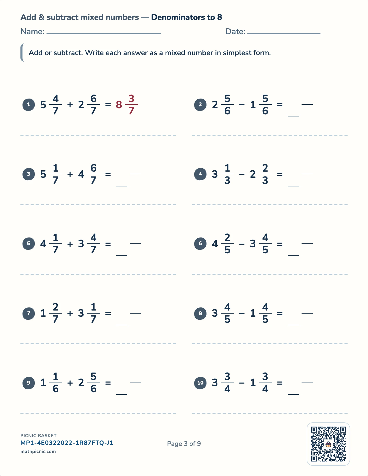 Fractions, decimals and percents pack — Mixed numbers worksheet