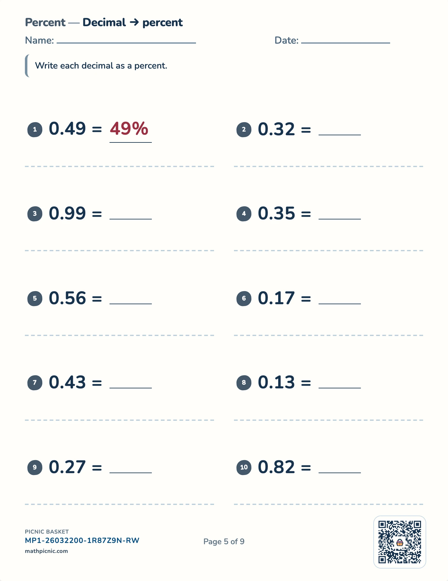 Fractions, decimals and percents pack — Decimals to percents worksheet