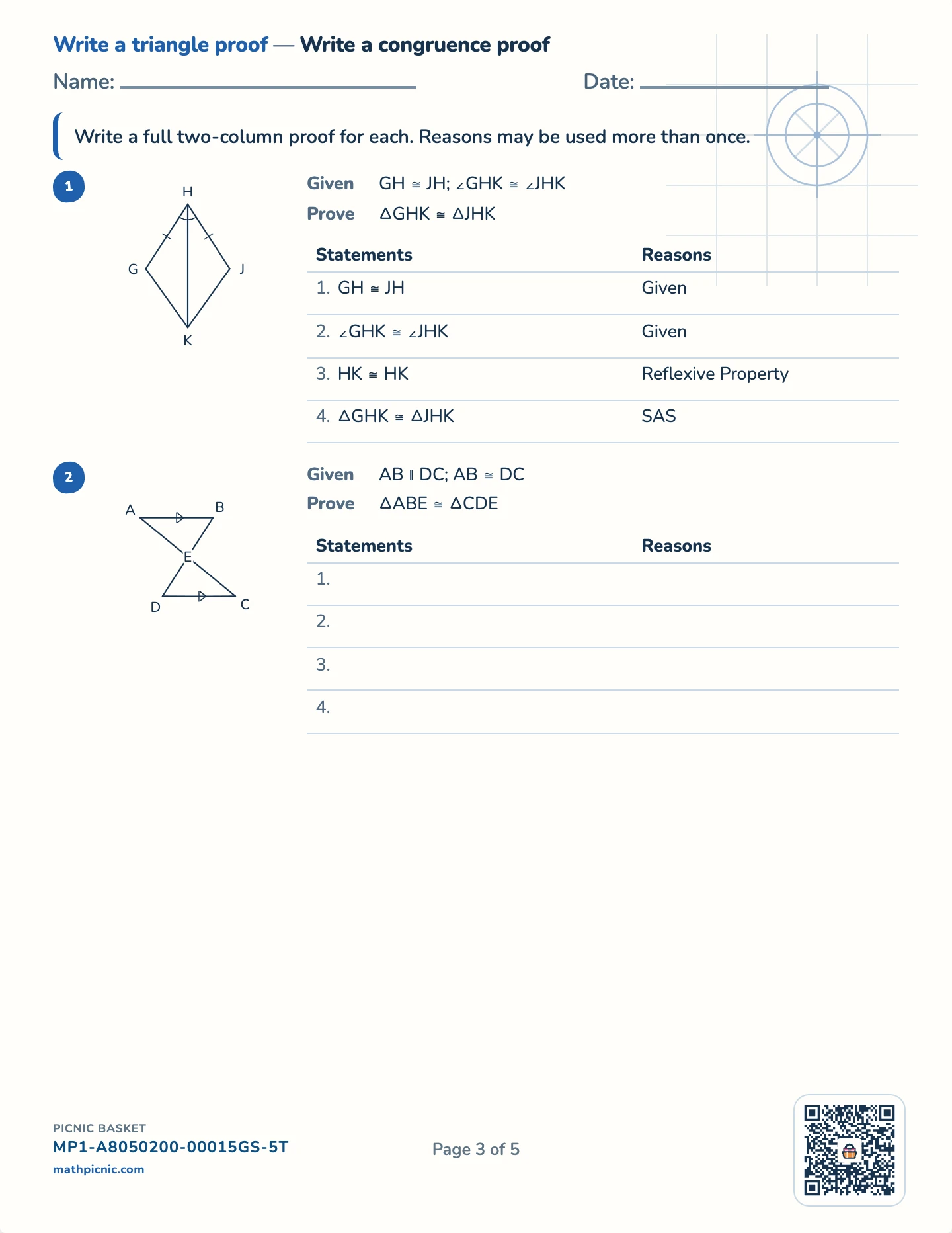 Geometry proofs pack — Write a congruence proof worksheet