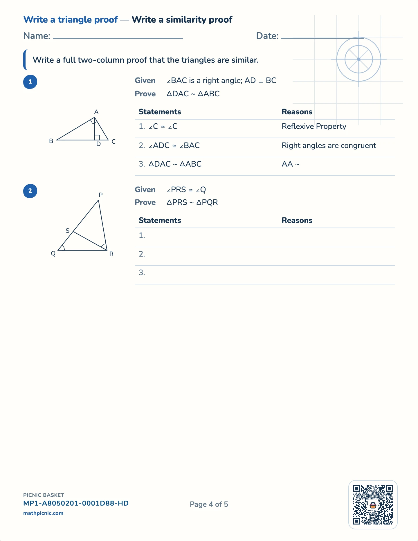 Geometry proofs pack — Write a similarity proof worksheet