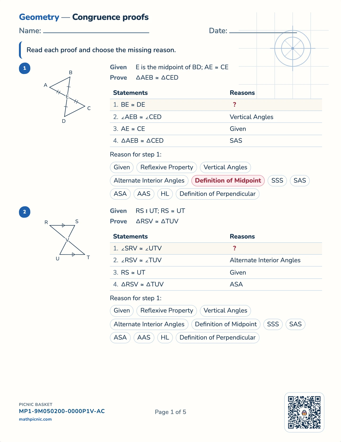 Geometry proofs pack — Congruence proofs worksheet