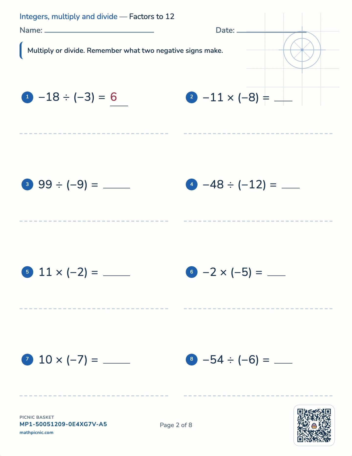 Integers and equations pack — Integer × ÷ worksheet