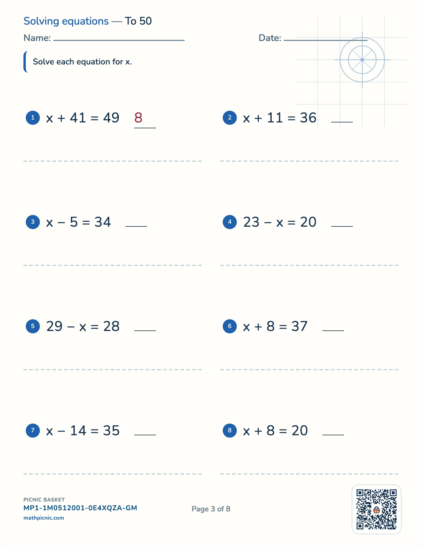 Integers and equations pack — One-step: + and − worksheet