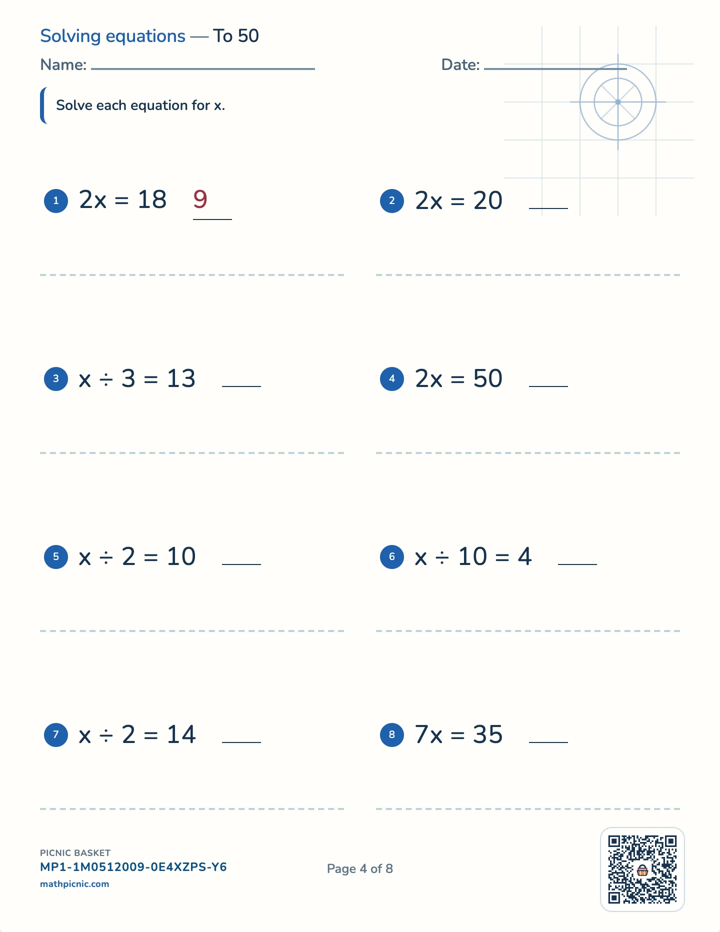 Integers and equations pack — One-step: × and ÷ worksheet