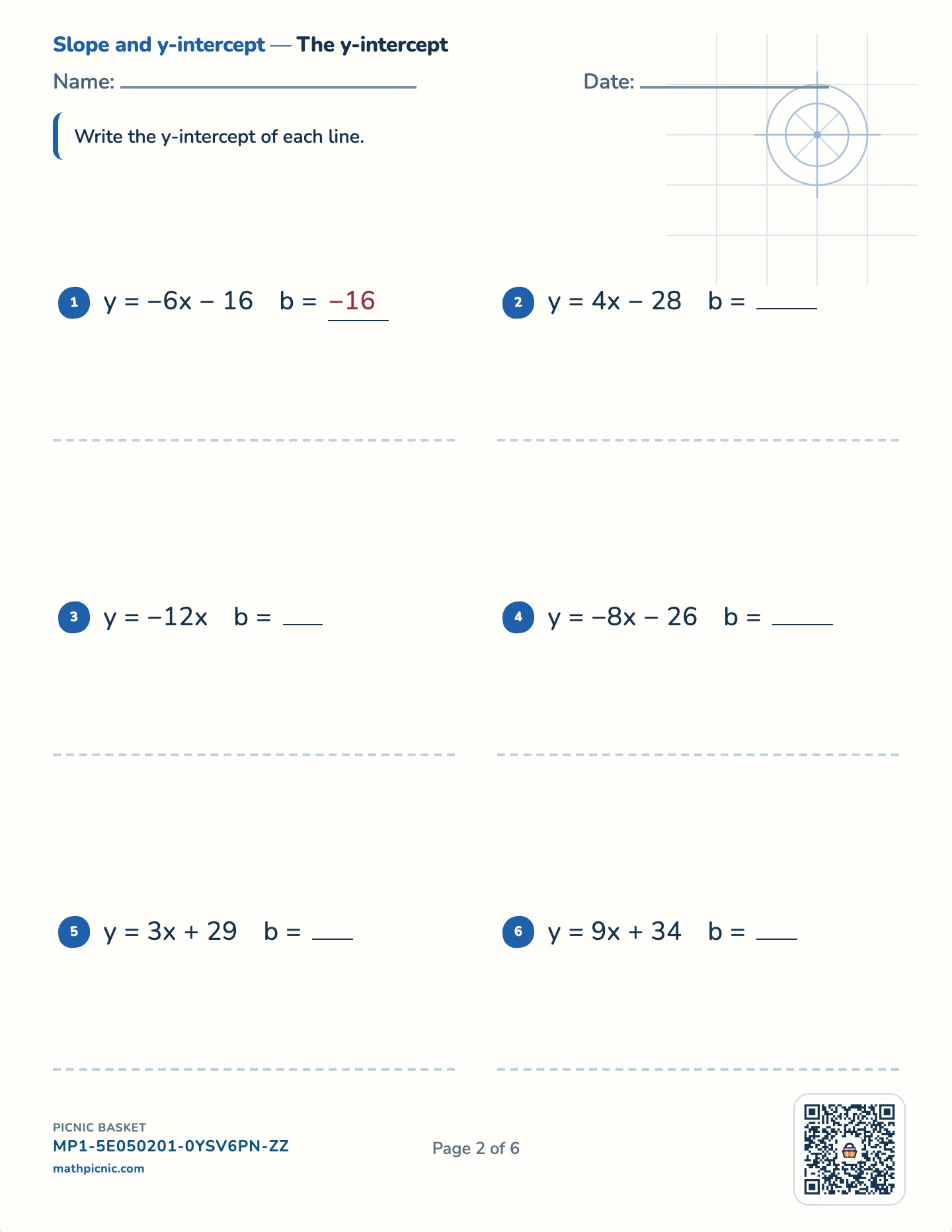 Slope and rate of change pack — Reading the intercept worksheet