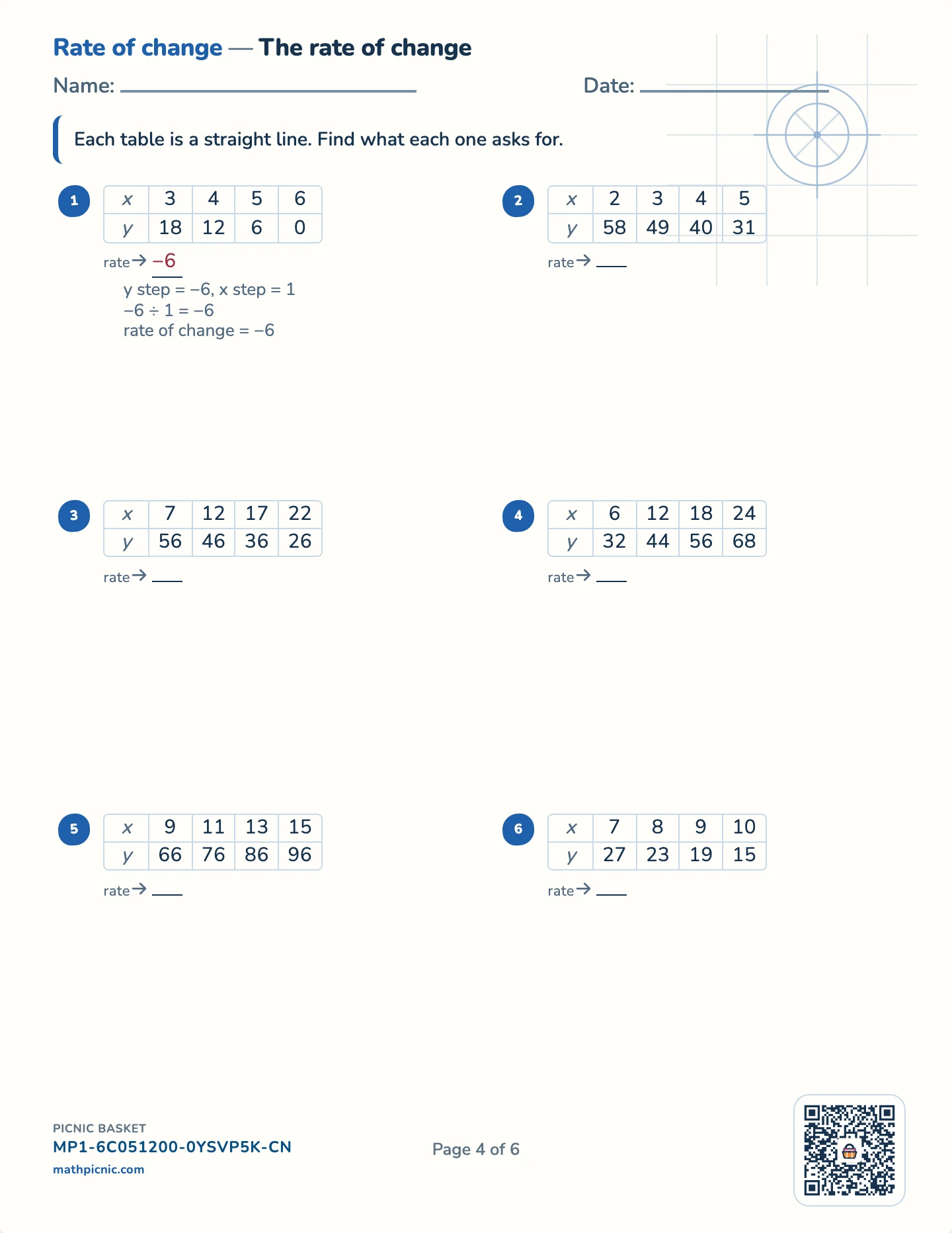 Slope and rate of change pack — Rate from a table worksheet