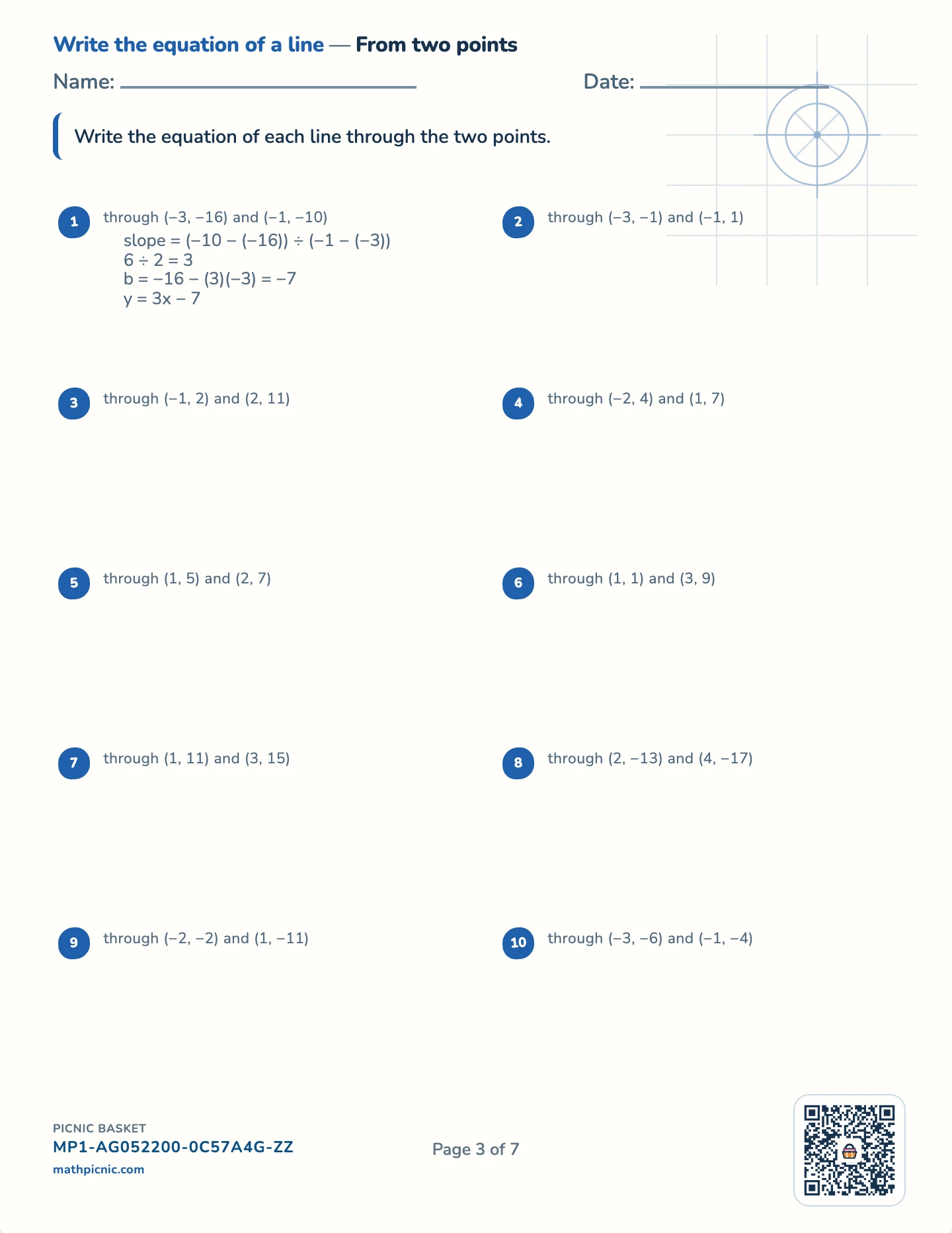 Lines and function graphs pack — A line from two points worksheet