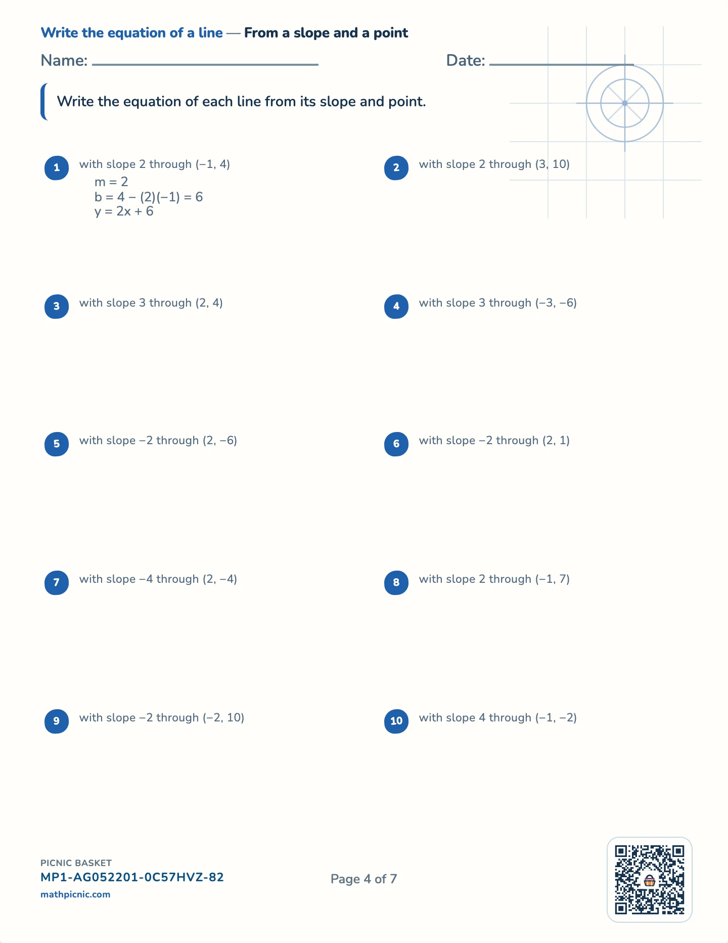 Lines and function graphs pack — A line from slope and point worksheet
