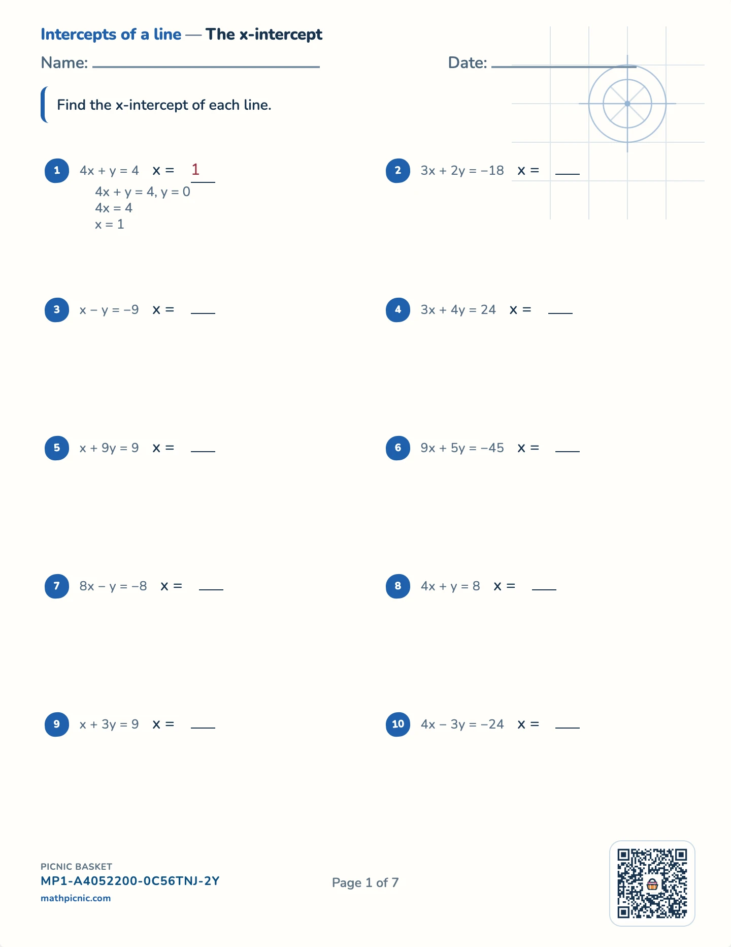 Lines and function graphs pack — The x-intercept worksheet