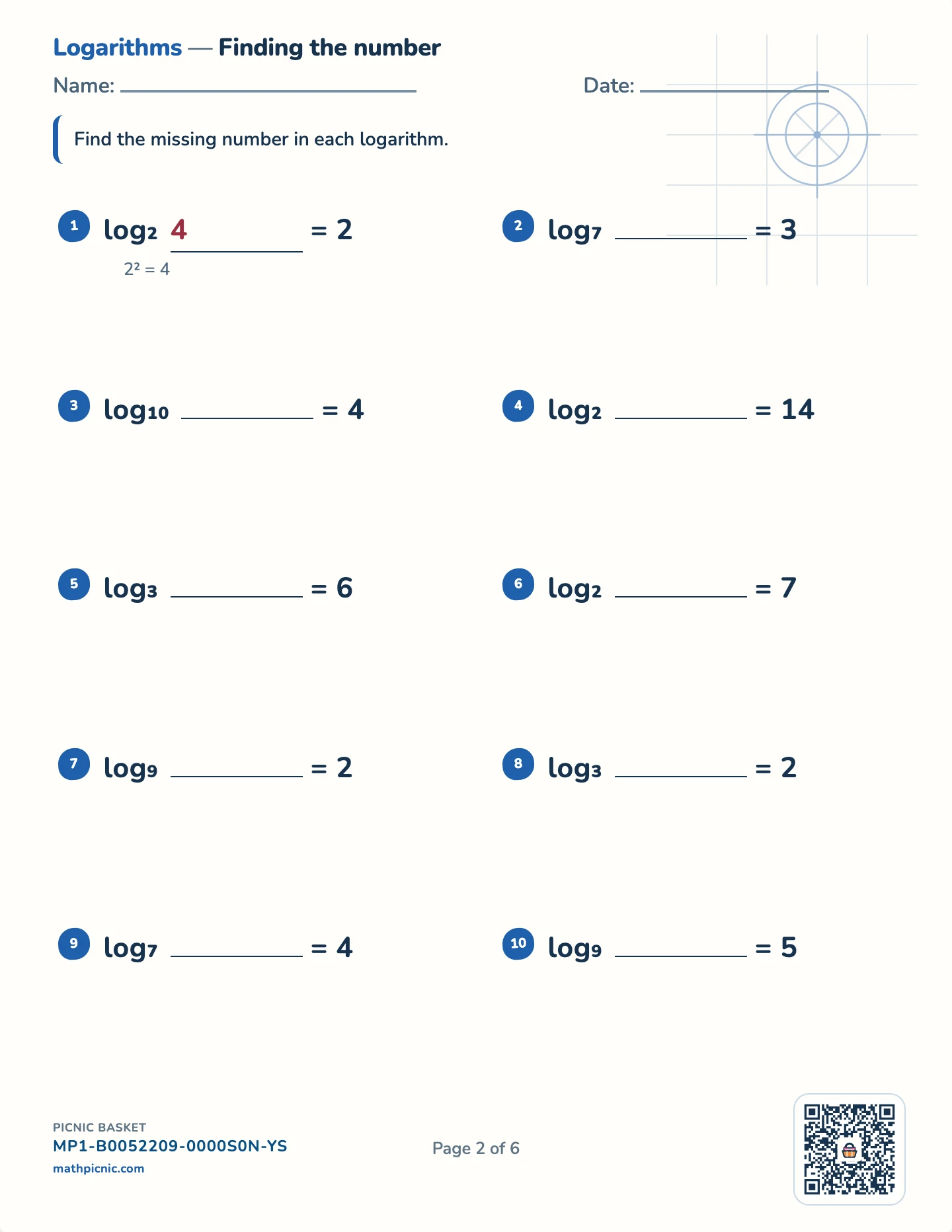 Logarithms pack — The number worksheet