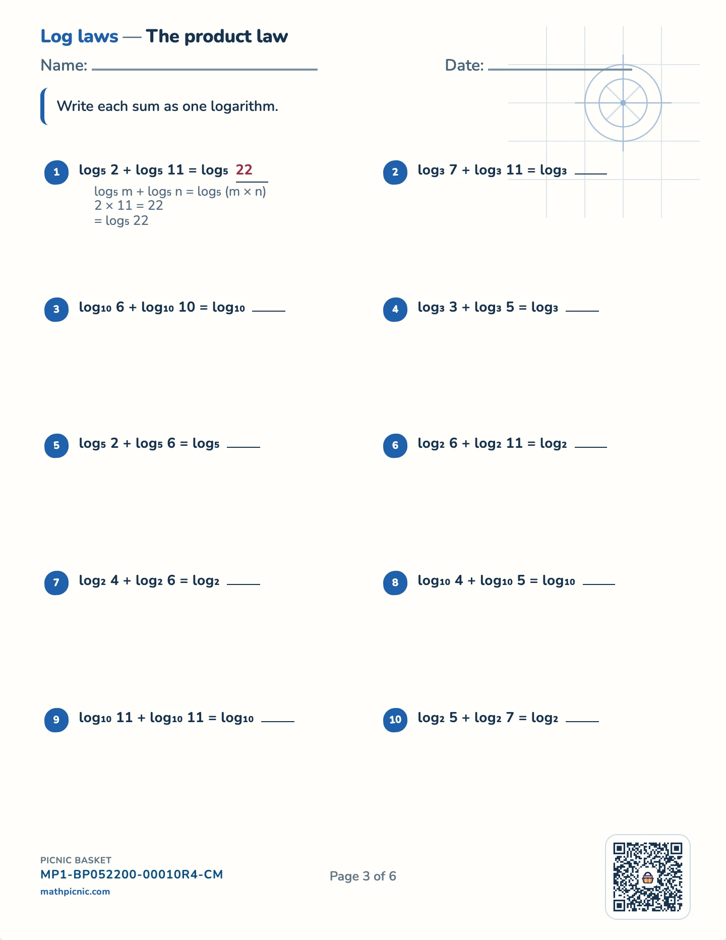 Logarithms pack — A sum → a product worksheet