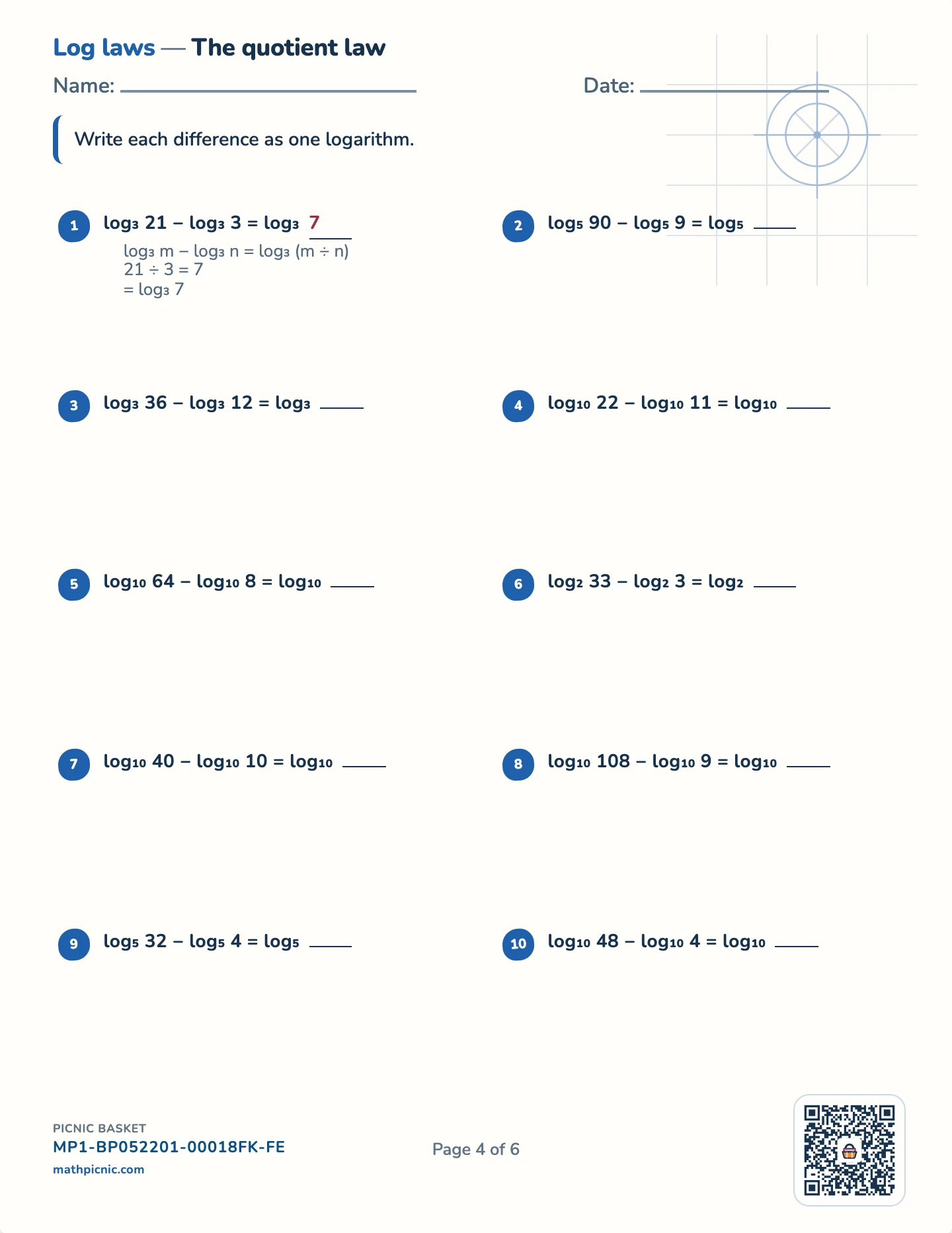 Logarithms pack — A difference → a quotient worksheet
