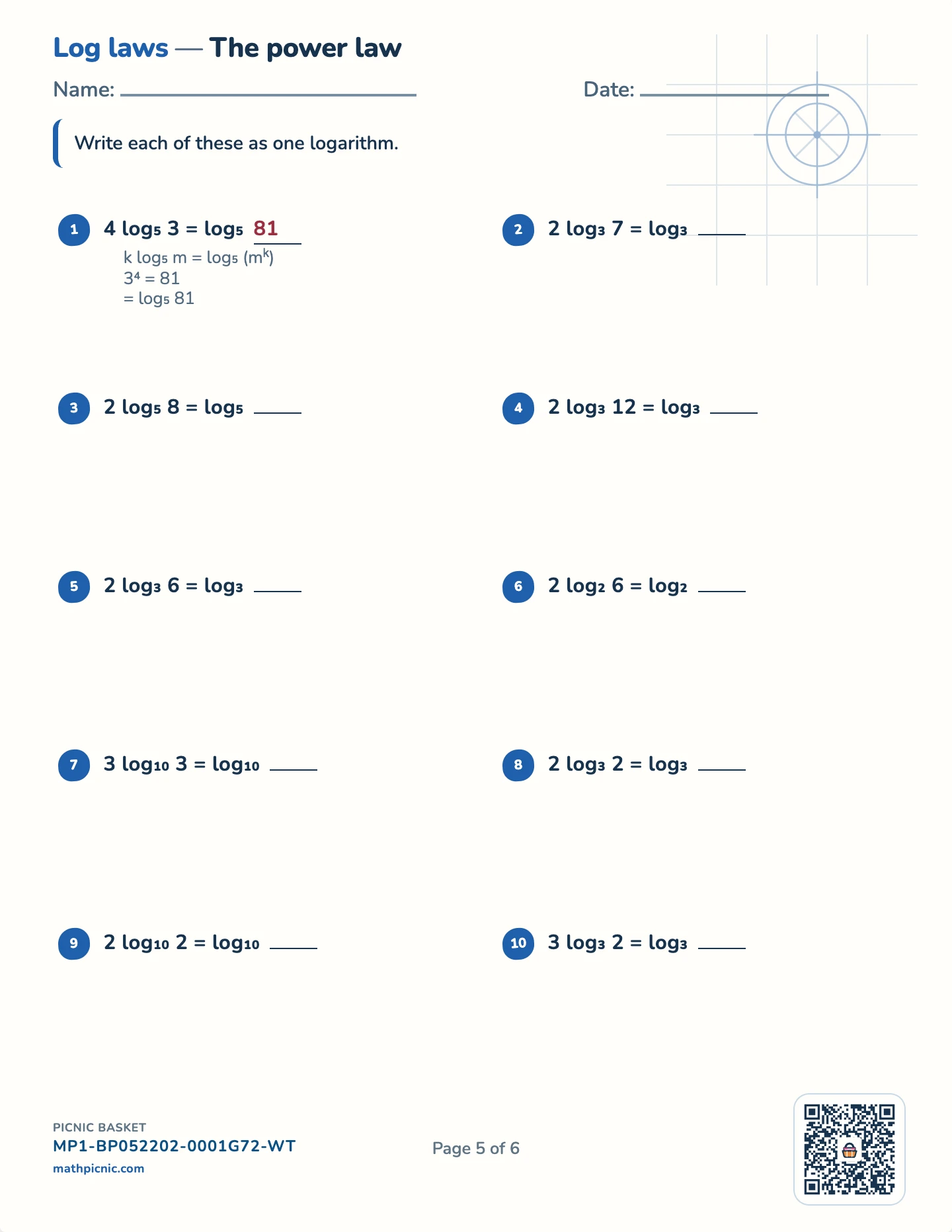 Logarithms pack — A multiple → a power worksheet