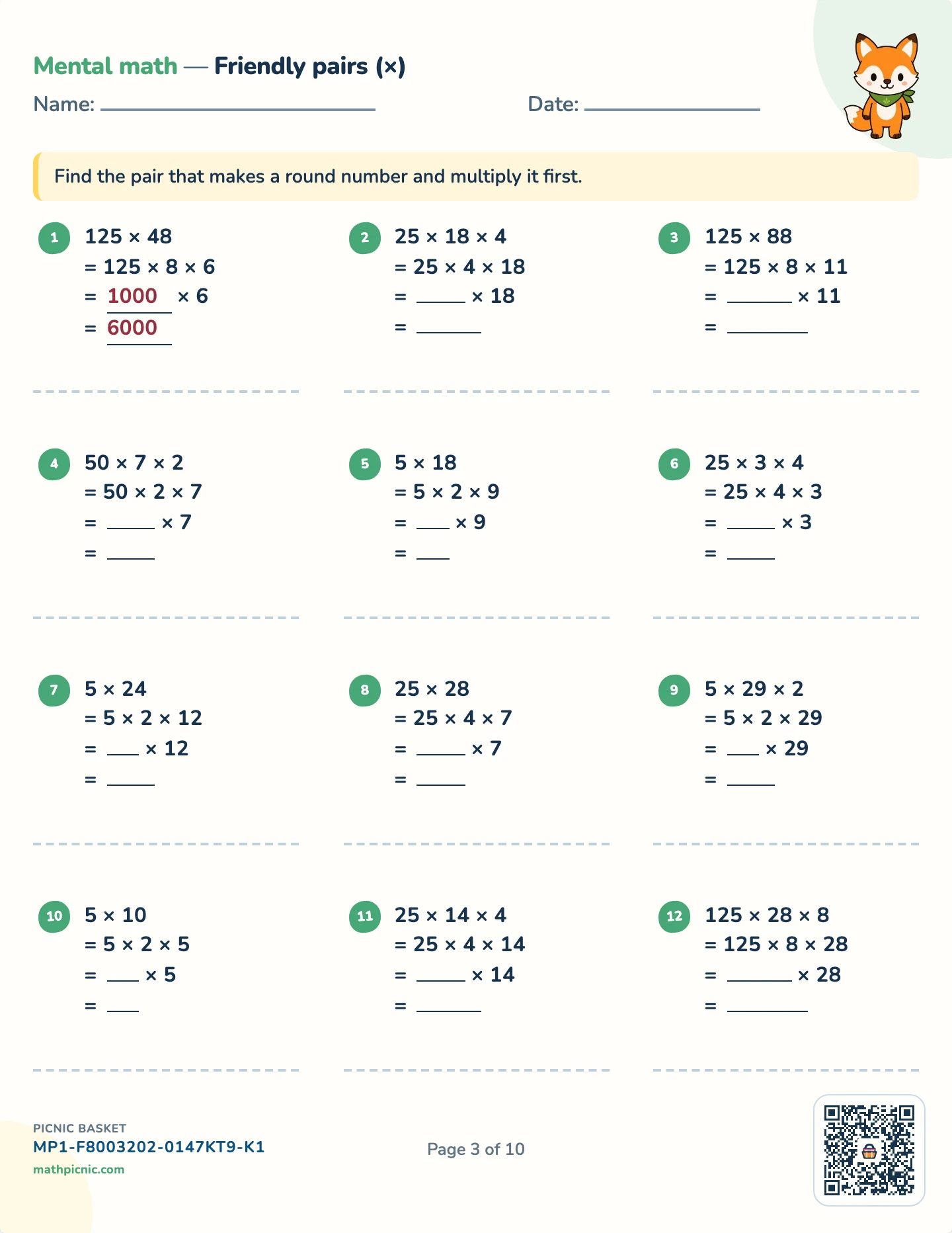Mental math strategies pack — Friendly pairs (×) worksheet
