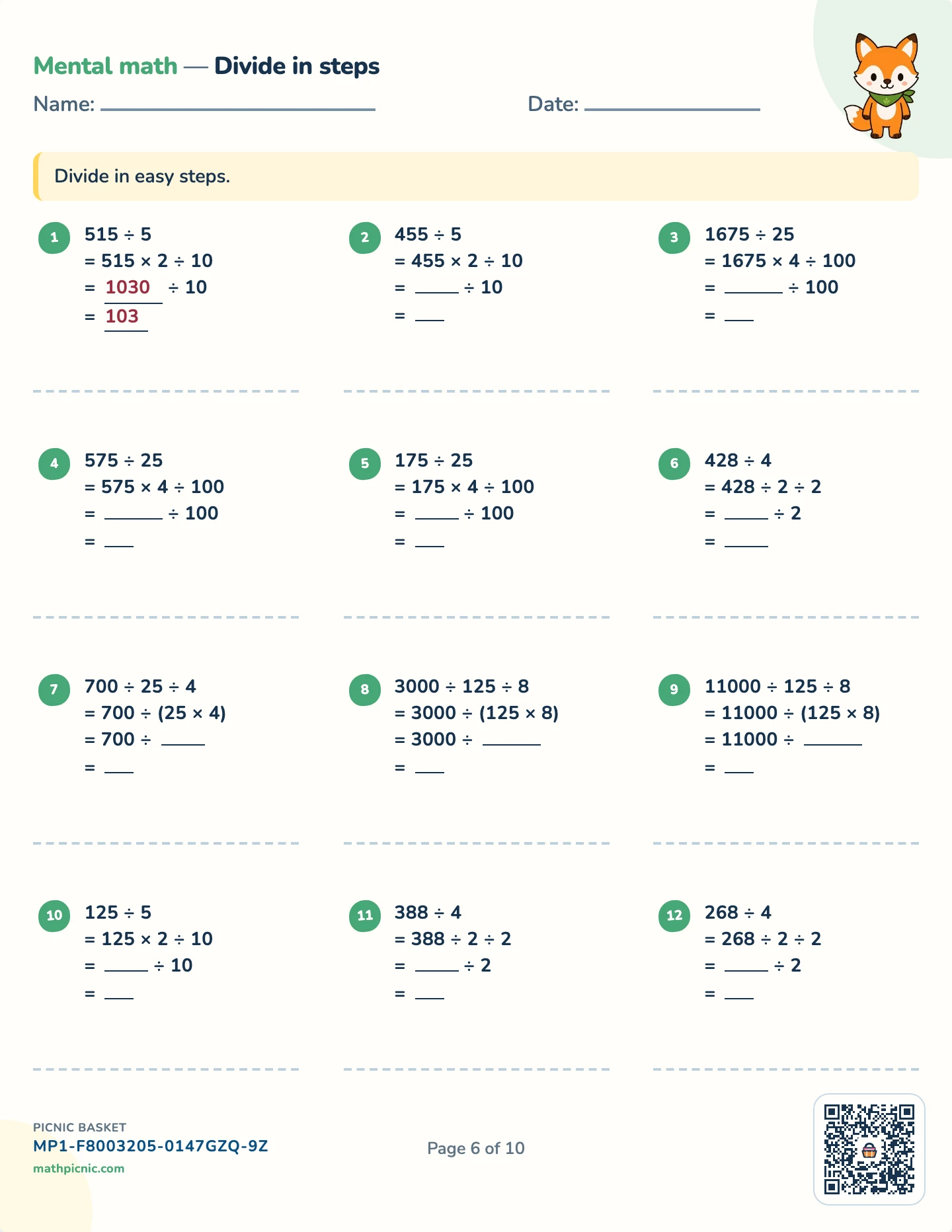 Mental math strategies pack — Divide in steps (÷) worksheet