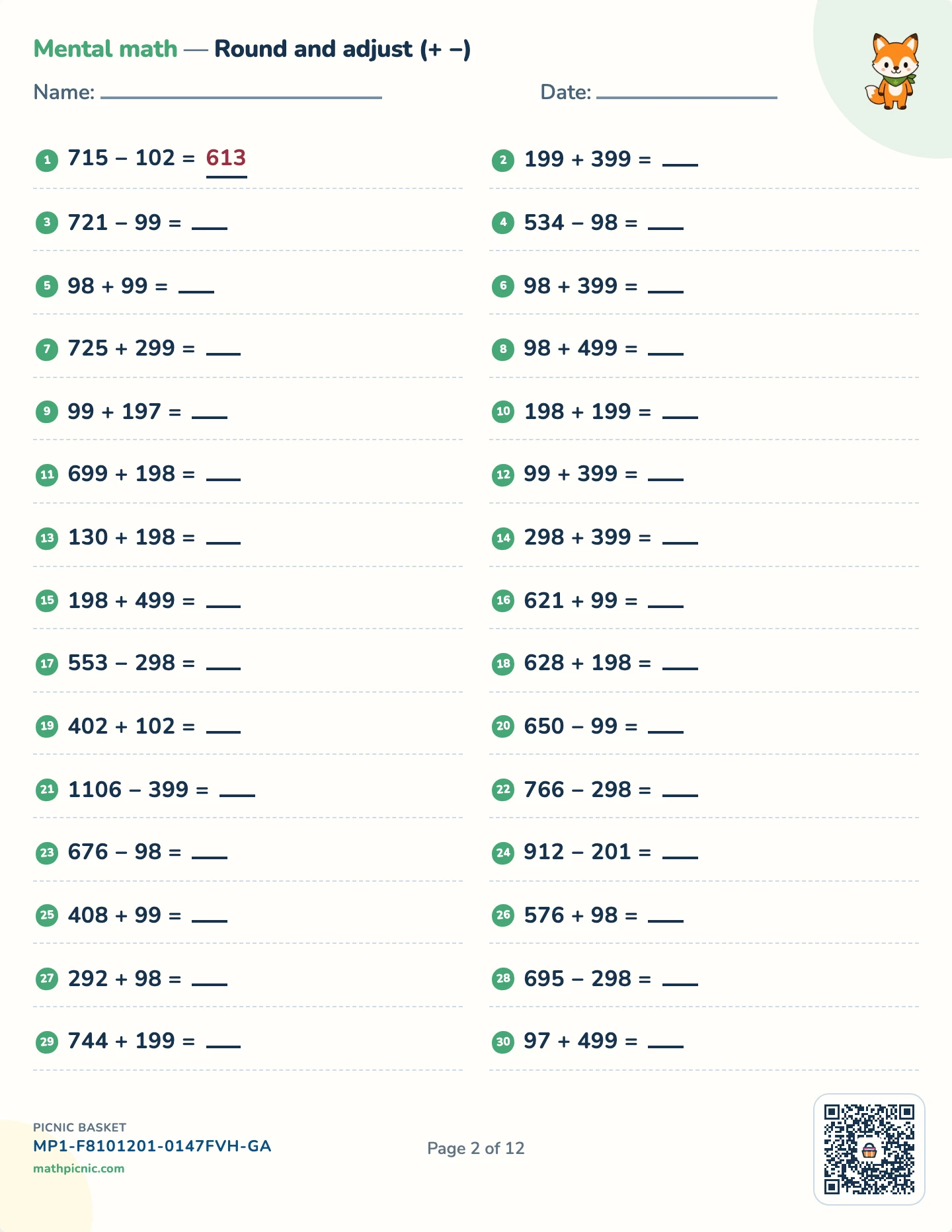 Mental math drill pack — Round and adjust (+ −) worksheet