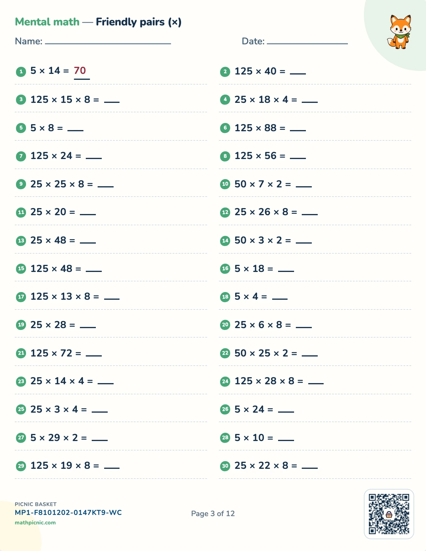Mental math drill pack — Friendly pairs (×) worksheet